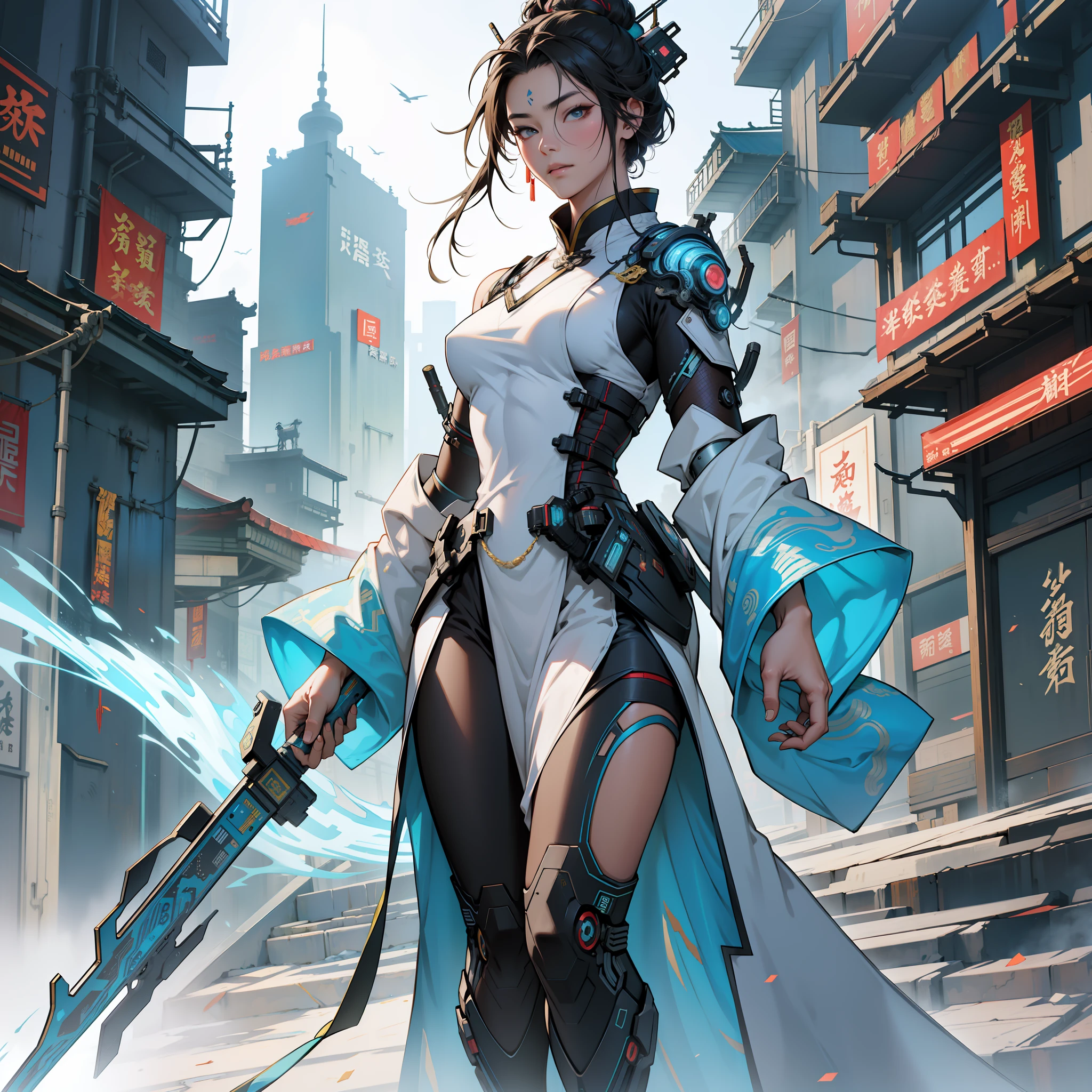 An ancient Chinese girl, full body, amazing facial features, cyberpunk, holographic aura, surreal science fiction art, futuristic science fiction aesthetics, Hanfu, robotic arm, costumes influenced by ancient Chinese opera, complex design, game model, movie edge light, delicate light, masterpiece, super detailed, epic composition, super HD, high quality, highest quality, 32k --niji 5