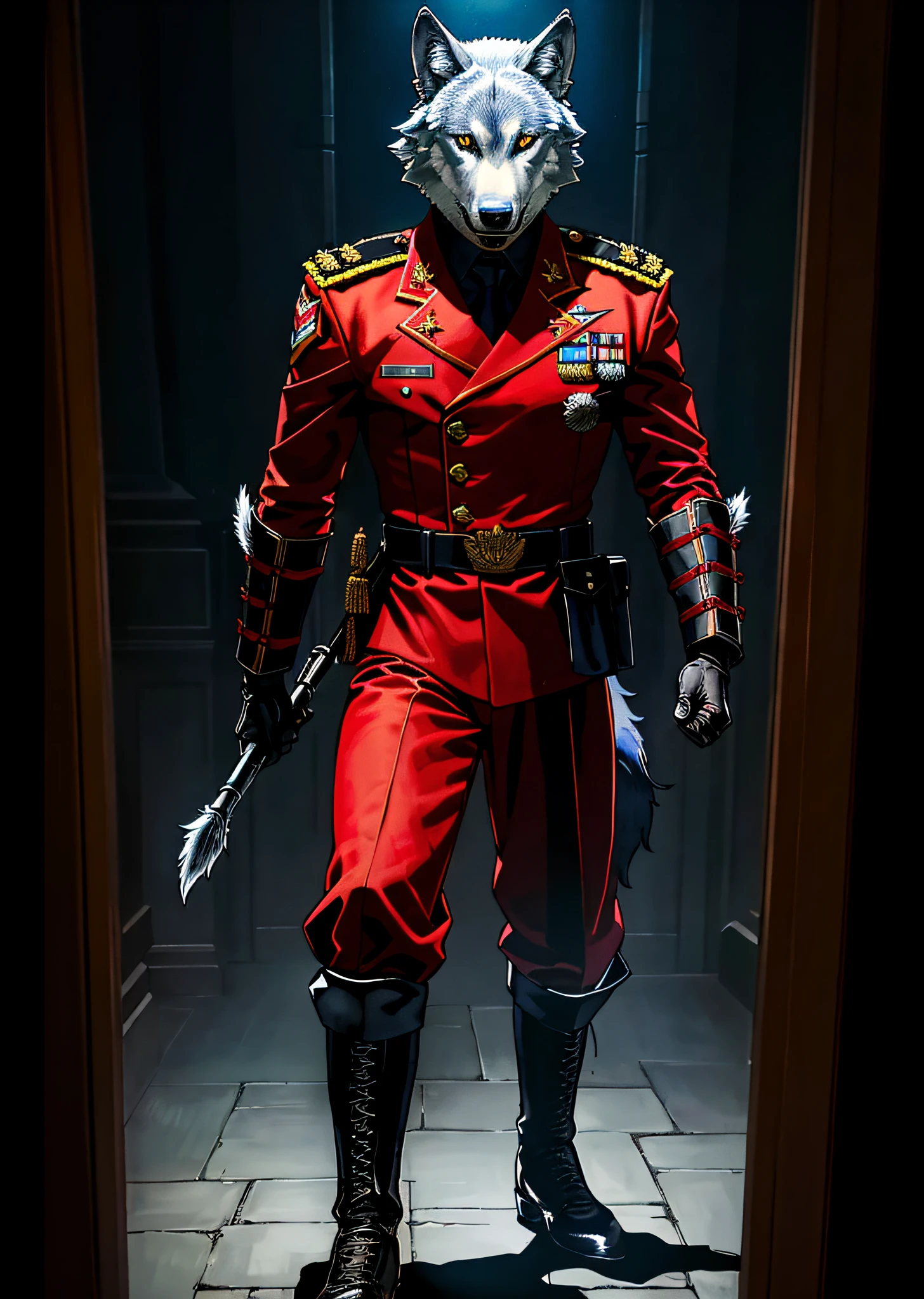 1boy, dark scene, (full body), a general giving a speech, wolf head, claws, red uniform, pants tucked into boots, serious, dark atmosphere, detailed background, (art by Jim Lee), award winning, masterpiece, realistic:1.35