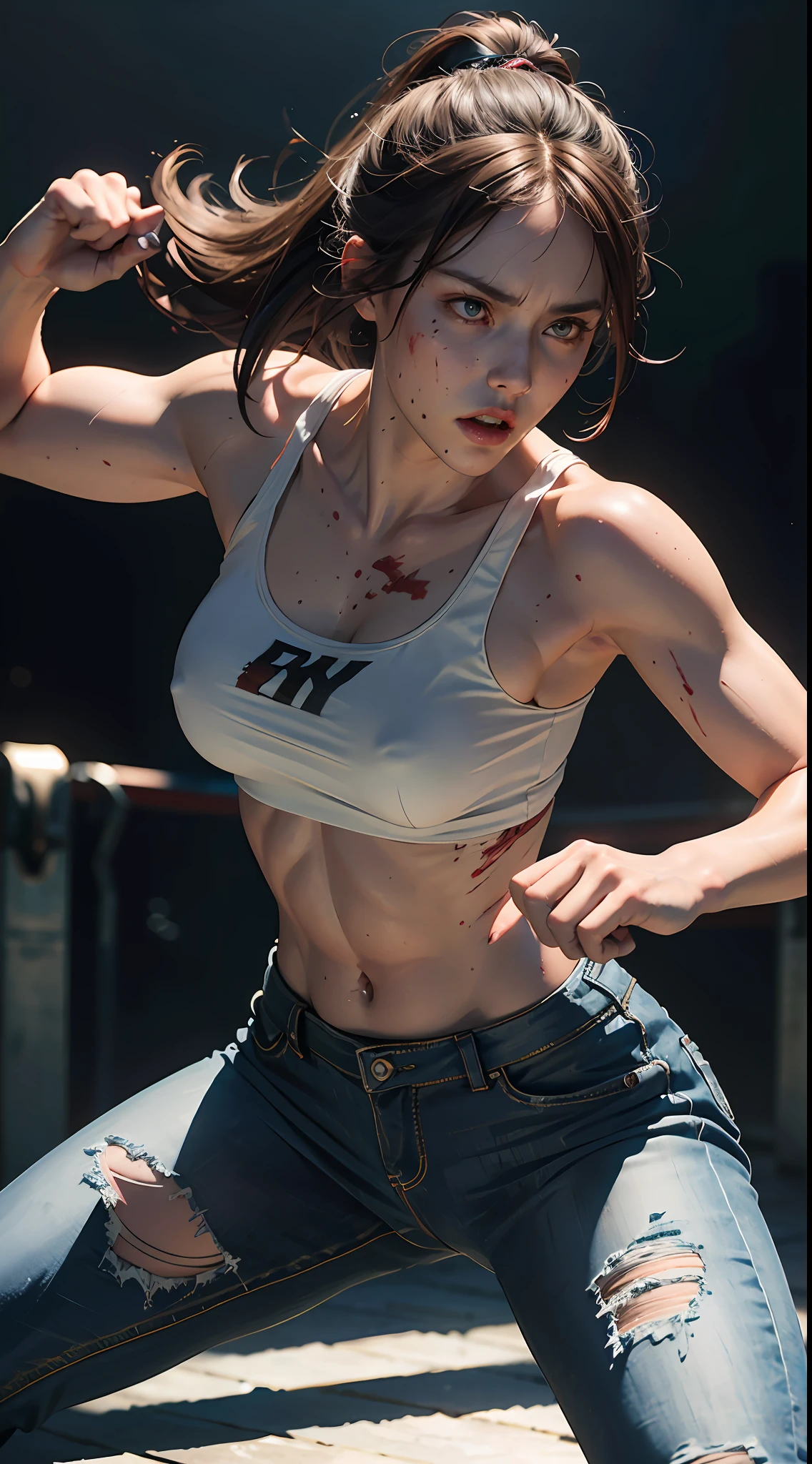 (best quality), (masterpiece), beautiful fighter woman, furious, (perfect body), (bruises and injuries on body, bleeding) , (german fighter), brunette hair, white skin, t-shirt and jean pants, ripped clothes,(( dynamic fighting stance)), perfect body, muscular, dark lighting, dim light, foggy and smoky, cowboy shot, 8k resolution, high saturation