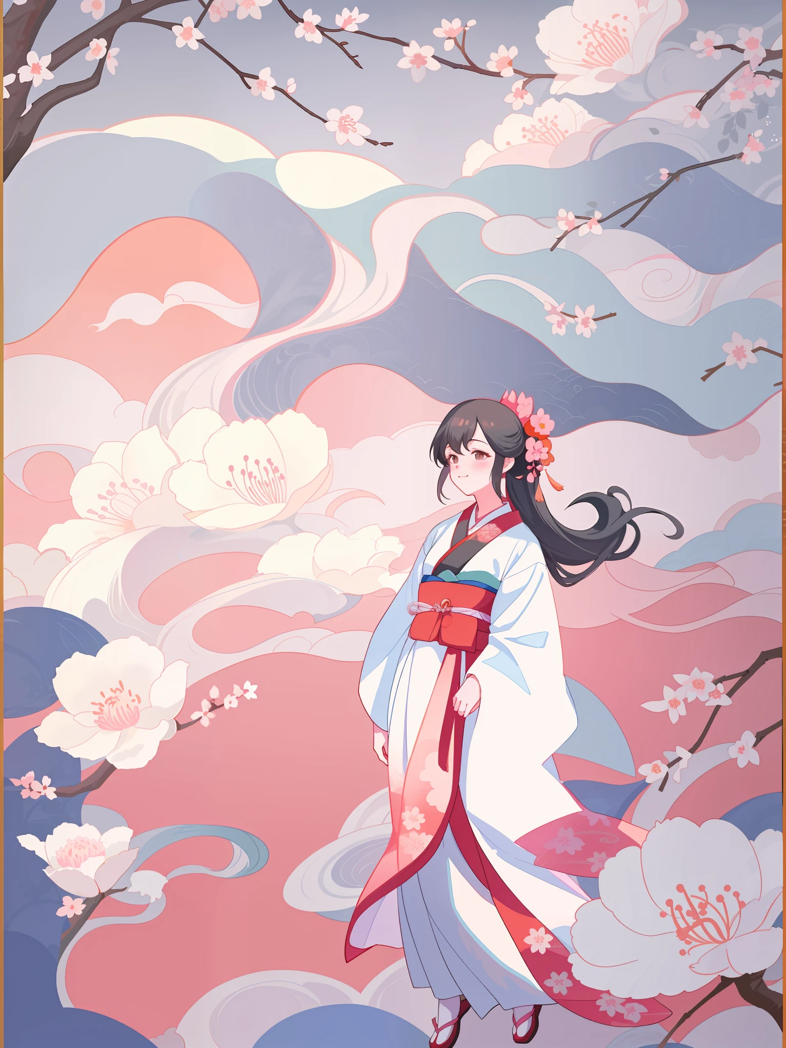 peach blossoms: 3, a girl in Hanfu, flowing peach blossom colored silk, ukiyo-e art style-e, Japanese inspired poster
