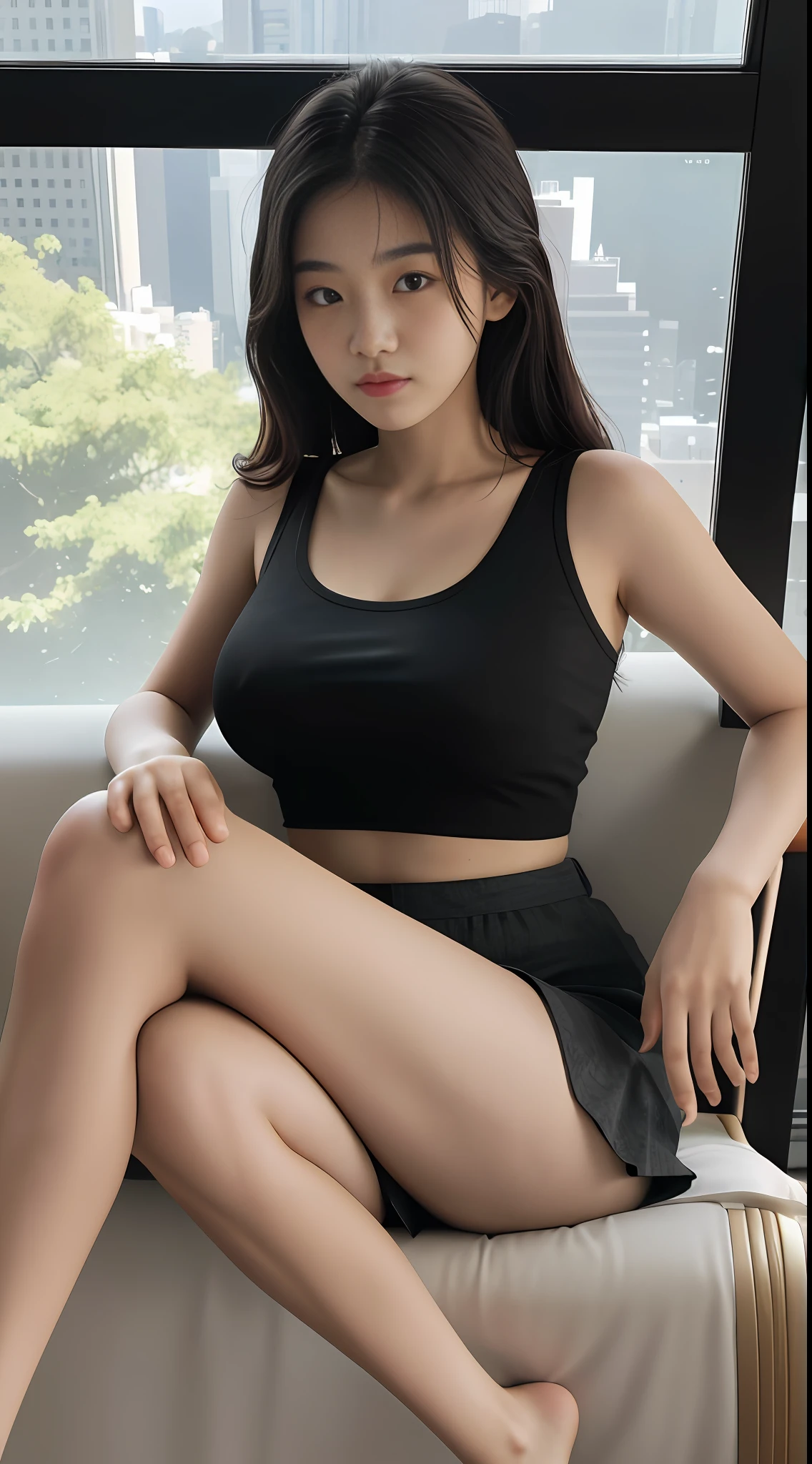 ((highres, best quality, 16k, masterpiece)), (an 18 year old Asian girl), sitting, shot in a skyscraper, below the skyscraper is a forest, f/2.0, 85mm, shot from above, ((())), (fine lips and eyes), (detailed face and skin), ((big )), ((thick thighs)), wearing black tank top and short skirt, sitcrossleg