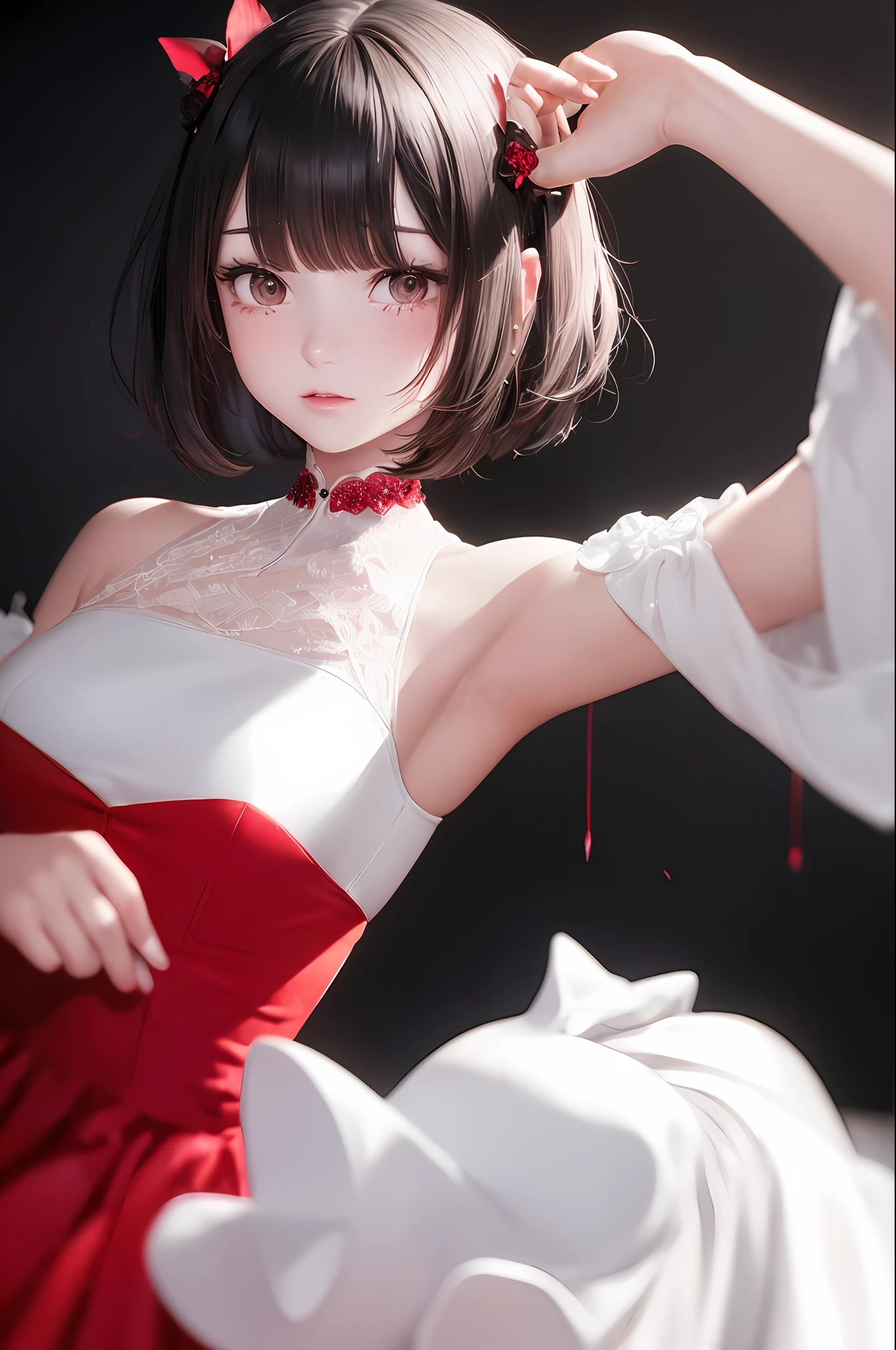 23
(so delicate and beautiful), (so delicate and beautiful), (hands lethargic) (red dress), (chagrined), (dynamic angle, portrait), (black hair), (cat eye), fluttering, white skin, depth of field, , short cut, knotted, (red mesh), (one person), no hair ornaments, cute girl, (no hair ornaments)))((crying))(crying)(blood)(background dark room)