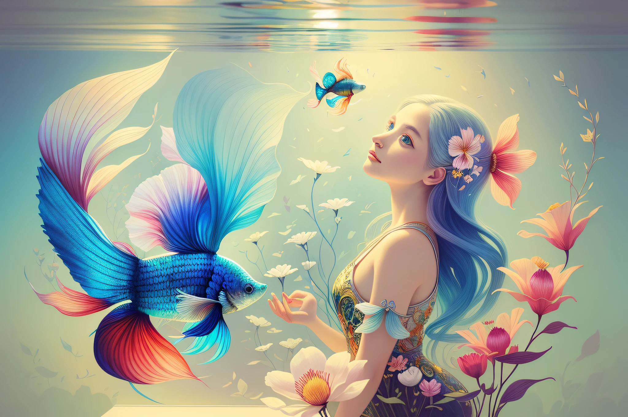 (Illustration:1.3) beautiful betta fish swimming with flowers (by Artist Anna Dittman:1), (((masterpiece))), (((best quality))), ((ultra-detailed)),(detailed light),((an extremely delicate and beautiful)),