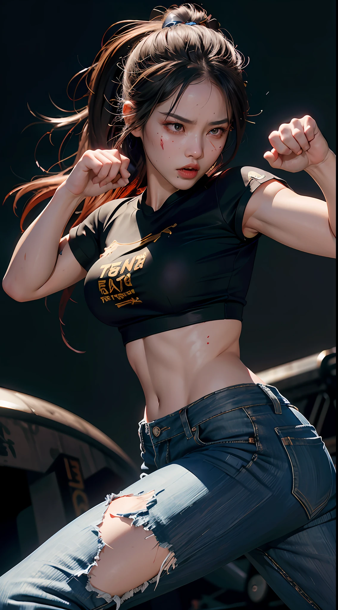 (best quality), (masterpiece), beautiful fighter woman, (chinese woman), furious, (perfect body), (bruises and injuries on body, bleeding) , (chinese fighter), t-shirt and jean pants, ripped clothes,(( dynamic fighting stance)),  perfect body, muscular, dark lighting, dim light, foggy and smoky, cowboy shot, 8k resolution, high saturation