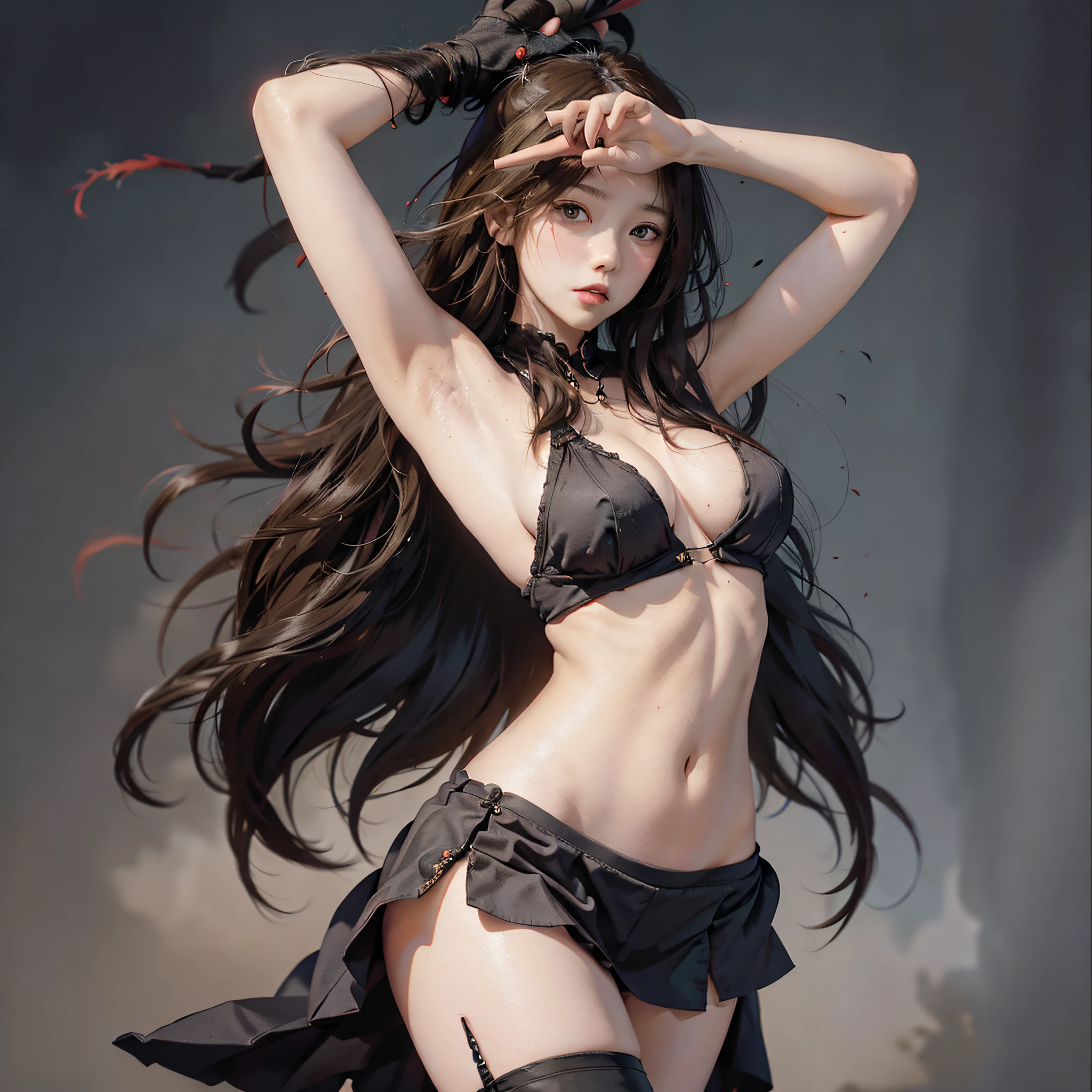 Painting by Akihiko Yoshida. Woman. Witch. He raises his arms to show the sides of his bare skin. The crotch is spread. Dark fantasy. Miniskirt. --auto --s2
