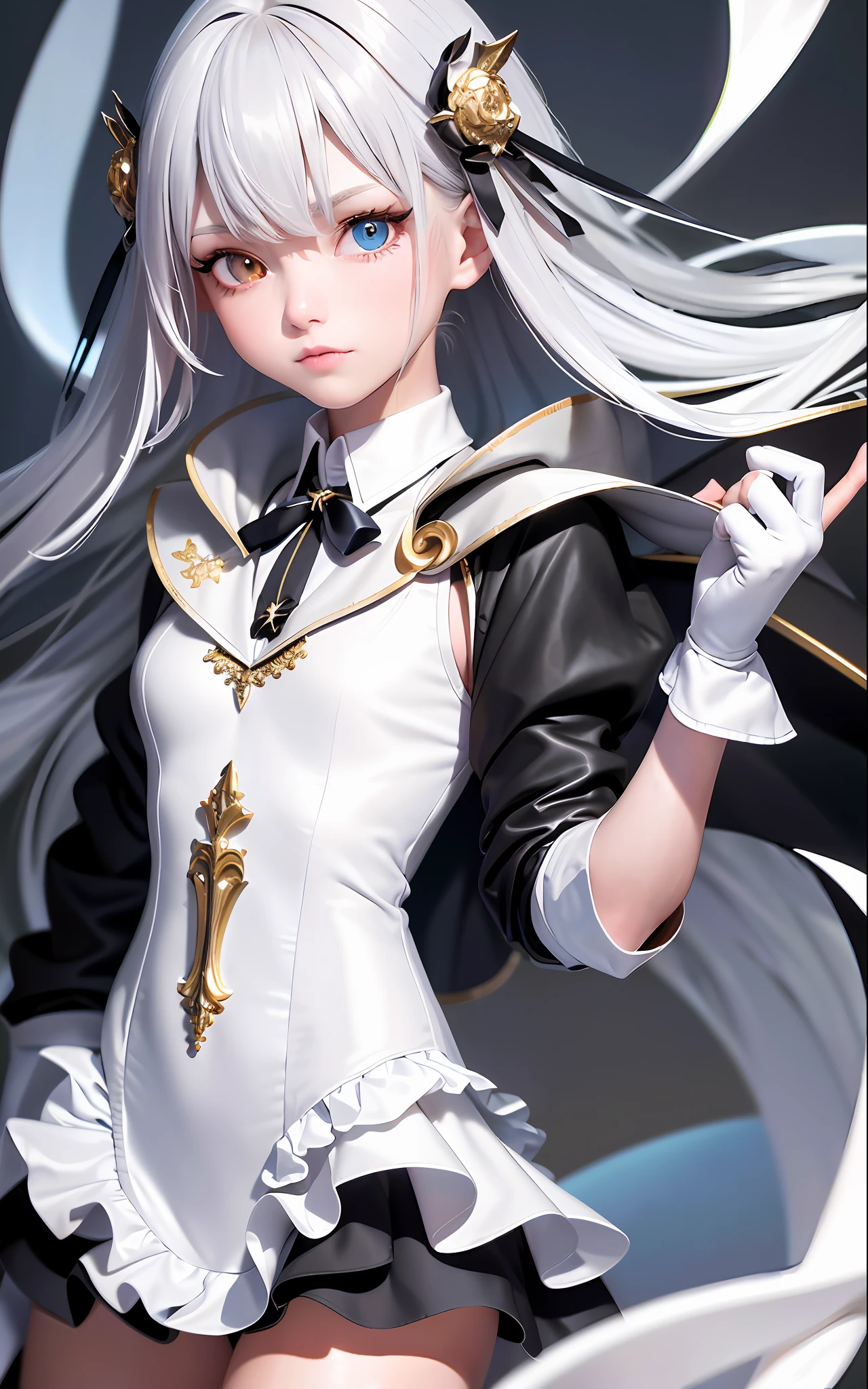 Superb Quality, Masterpiece, High Resolution, Best Quality, UHD, Super Detail, Award-Awarded, 16k, (Upper Body), A Beautiful Maiden, Gray Hair, Hair, ((Heterochromia)), Hanging Eyes, Fair Skin, (Small Breasts), (Slim Body), ((Uniform with Short Jacket)), (Ribbon Collar), (Short Gloves as Short as Half a Palm)
