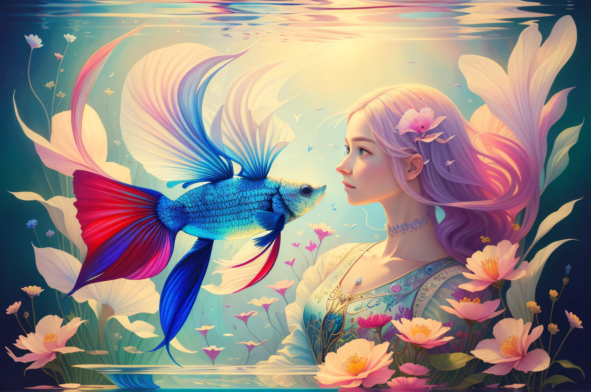 (Illustration:1.3) beautiful betta fish swimming with flowers (by Artist Anna Dittman:1), (((masterpiece))), (((best quality))), ((ultra-detailed)),(detailed light),((an extremely delicate and beautiful)),