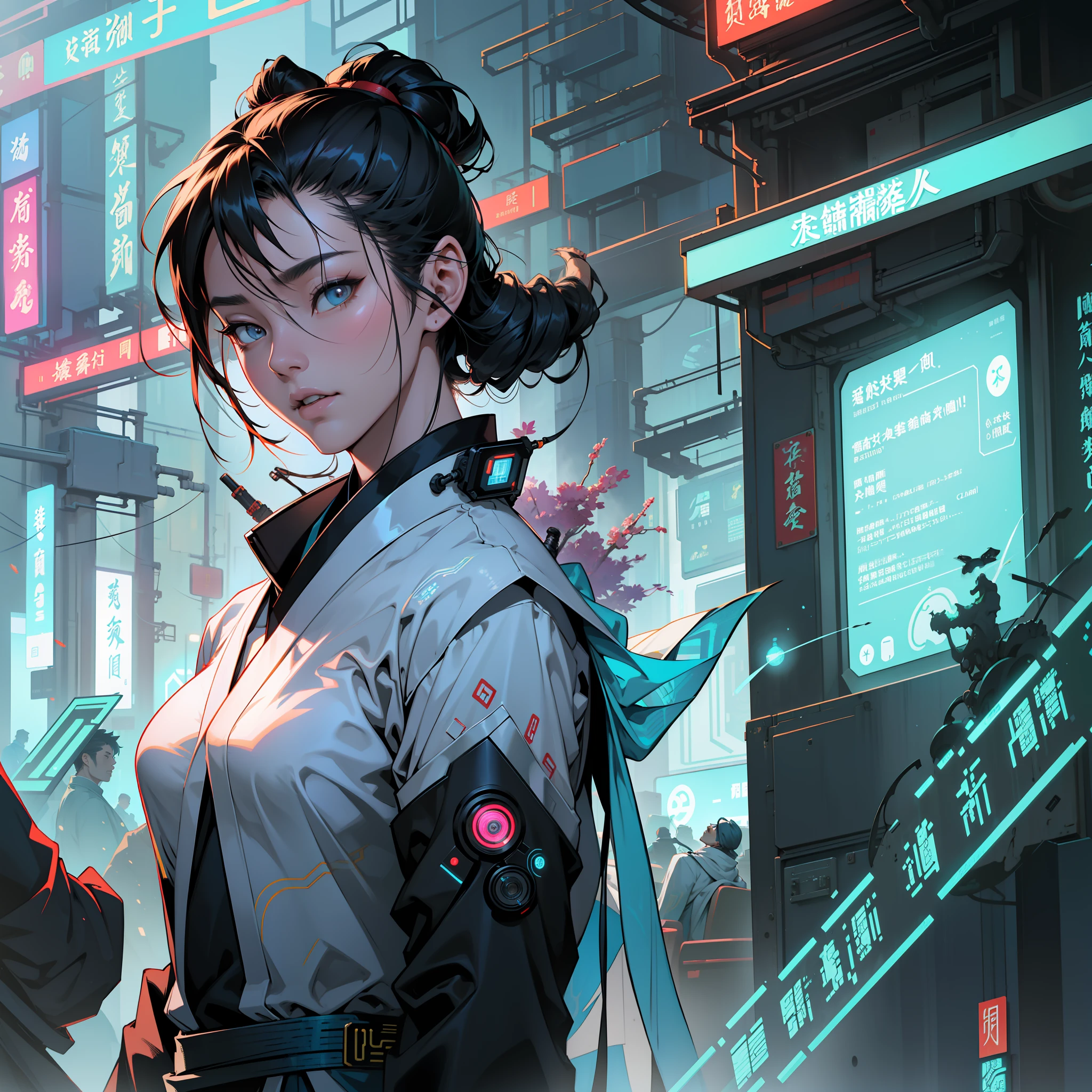 An ancient Chinese girl, full body, amazing facial features, cyberpunk, holographic aura, surreal science fiction art, futuristic science fiction aesthetics, Hanfu, mechanical, complex design, game model, movie edge light, delicate light, masterpiece, super detailed, epic composition, super HD, high quality, highest quality, 32k --niji 5