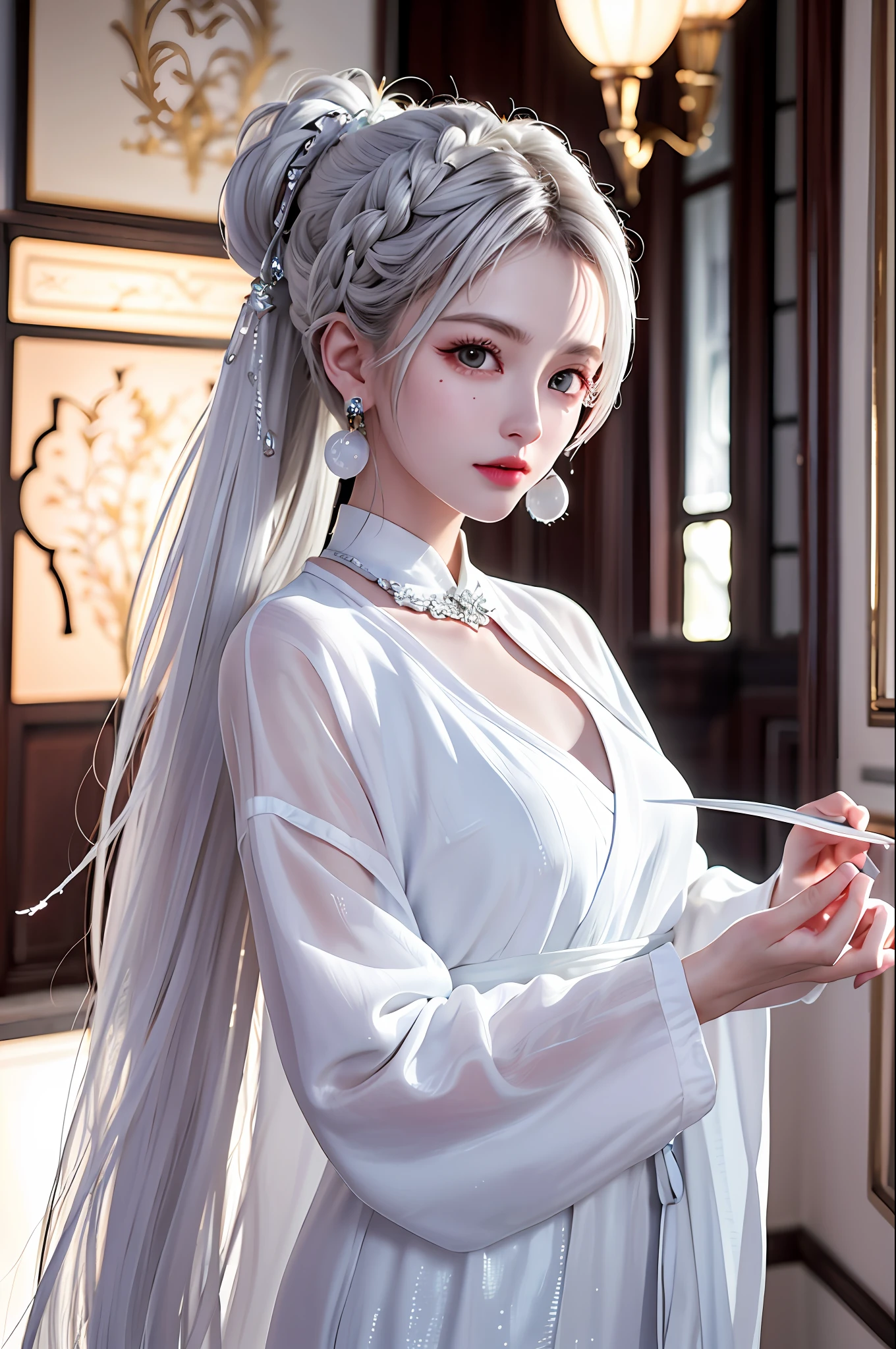 (best quality, masterpiece:1.2), ultra high res, realistic, front lighting, intricate detail, Exquisite details and textures, 1girl, solo ,(young), face highlight, upper body, detailed face, tear mole, white skin, silver hair, ponytail, braid hair, looking at viewer, big eyes, silk robe, (hollow pattern, white, silk), earrings, small breasts, slim body, luxury room, professional lighting, photon mapping, radiosity, physically-based rendering,