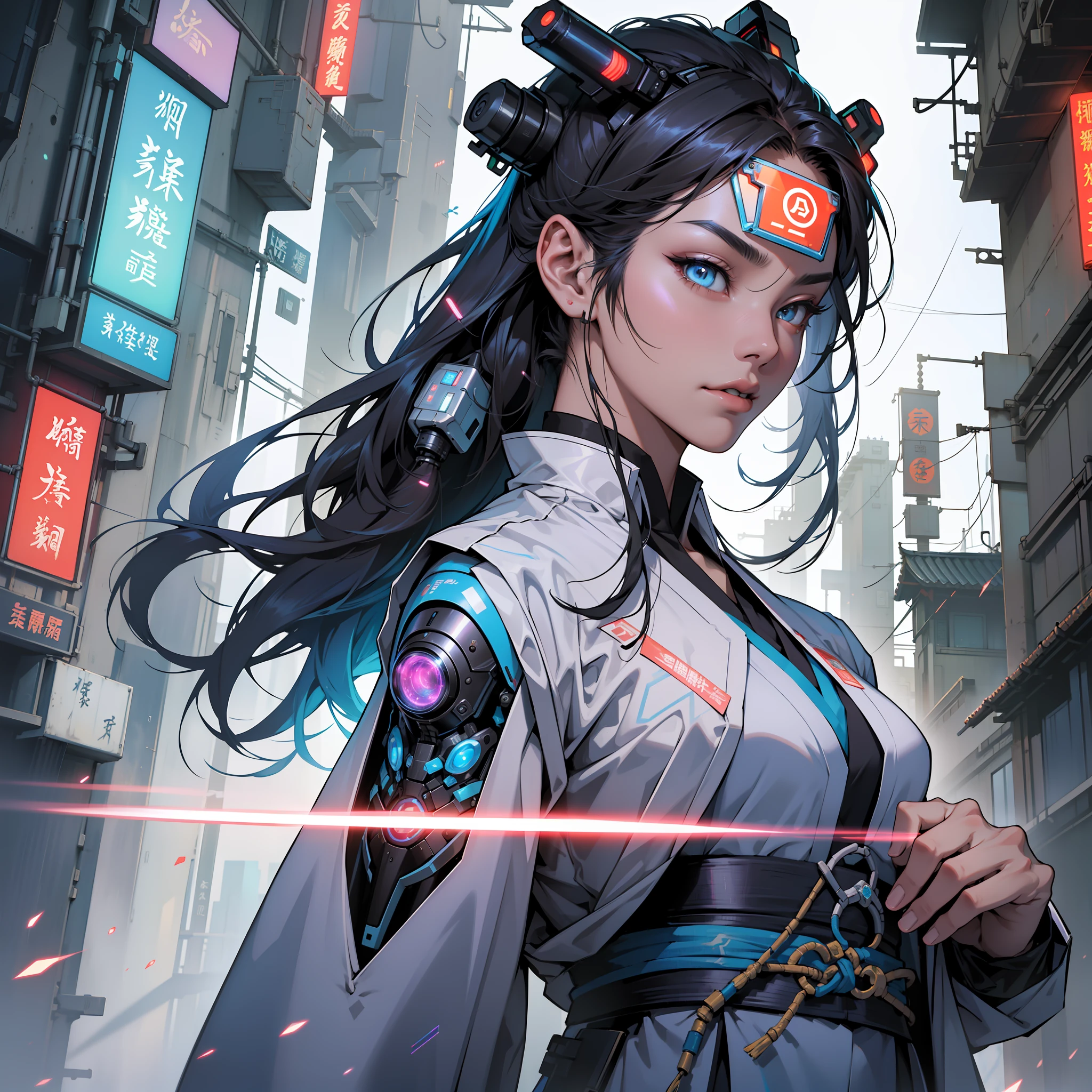 An ancient Chinese girl, full body, amazing facial features, cyberpunk, holographic aura, surreal science fiction art, futuristic science fiction aesthetics, Hanfu, mechanical, complex design, game model, movie edge light, delicate light, masterpiece, super detailed, epic composition, super HD, high quality, highest quality, 32k --niji 5