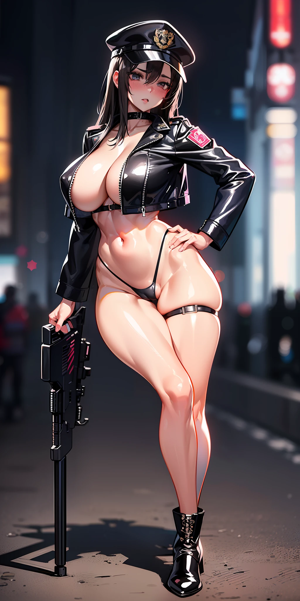 (Anime style), ((Mature Woman)), Female Policeman, Black Belt, Open Wear, Leather Jacket,Dark Brown Long Hair, Police Badge, Strap on Chest, Big Rifle, Gun, Insecure City of Cyberpunk Background, Thigh Height, Black Leather Boots, Provocative Poosing, High Leg, High Leg Thong, Night, Bare Chest, Dressed Clothes, Boobs, Side Boobs, Cleavage, Police uniform, baseball cap, headset, under, (((low leg laces)), (((skindentation)), panties pulled down, exposed, blush, (shiny on), shiny all over body, glossy all over body, sigh,