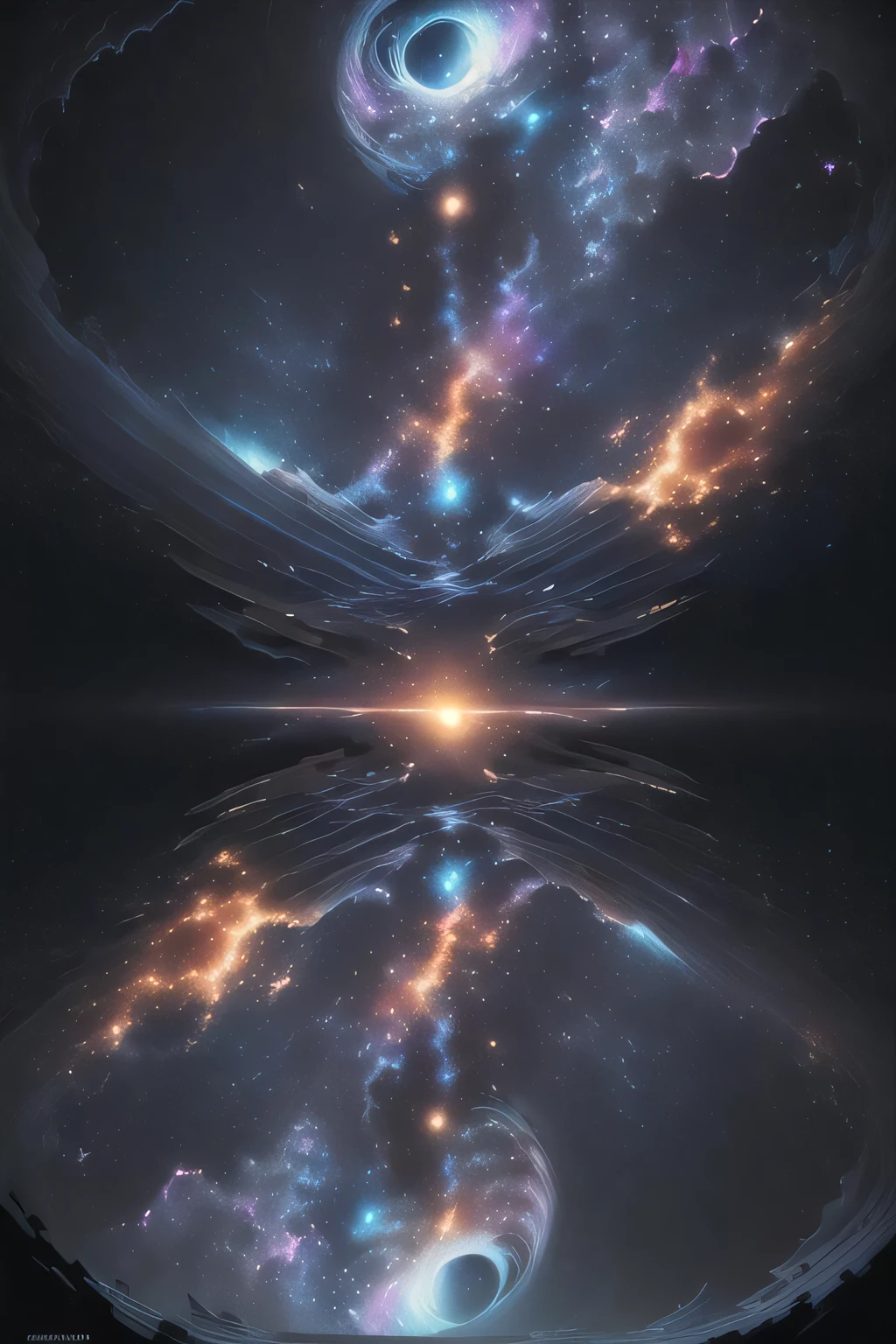 ((best quality)), ((masterpiece)), (high detail), (highres), 8k, staring up into the infinite length of the universe, endless galaxies, , dangerous black holes, exploding super novas, floating stars, endless staircases, star nebulas, cinematic atmosphere, negative dark mode, mc escher, art by senseijaye, matrix atmosphere, digital code swirling, matte painting