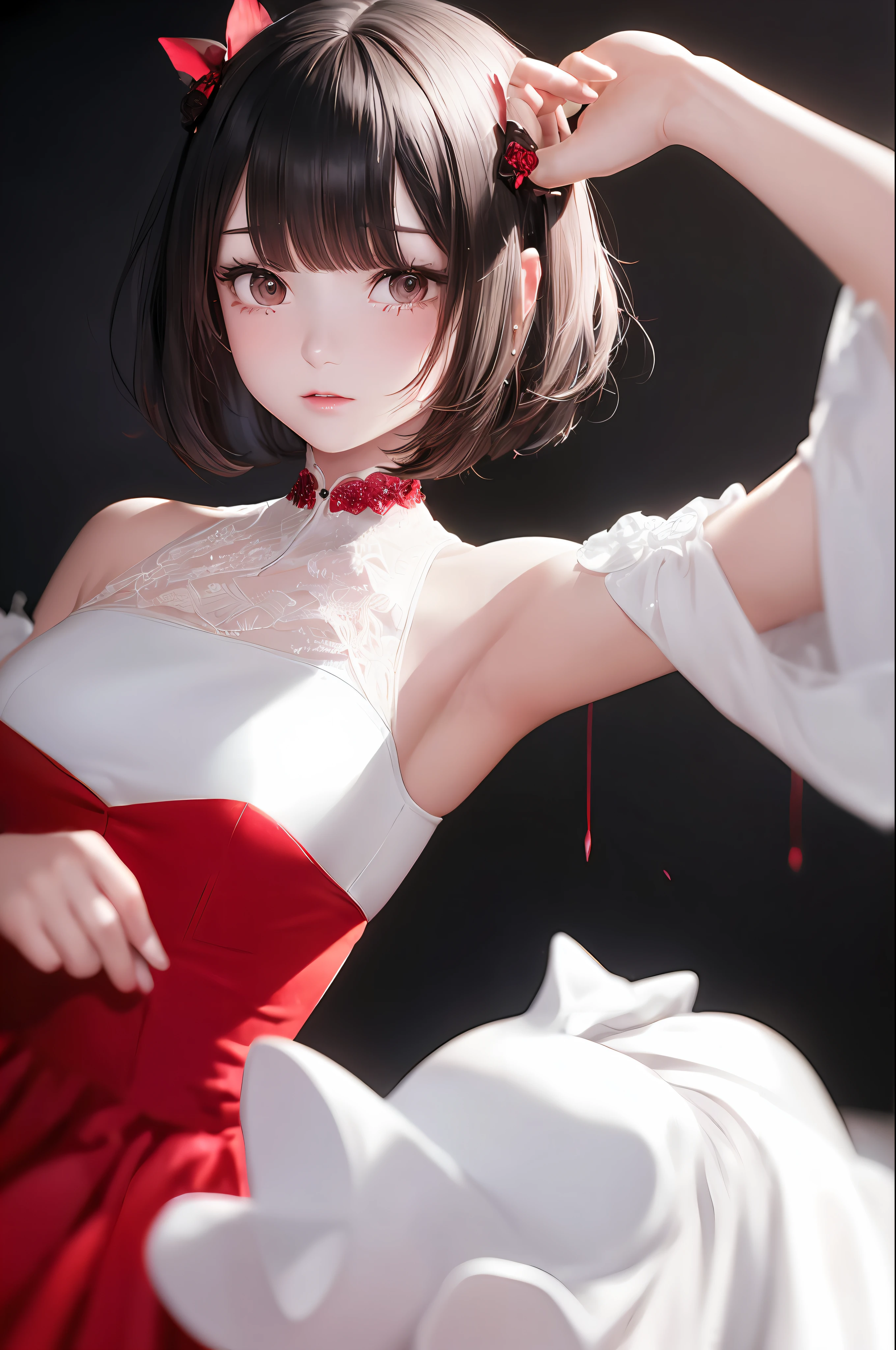 23
(so delicate and beautiful), (so delicate and beautiful), (hands lethargic) (red dress), (chagrined), (dynamic angle, portrait), (black hair), (cat eye), fluttering, white skin, depth of field, , short cut, knotted, (red mesh), (one person), no hair ornaments, cute girl, (no hair ornaments)))((crying))(crying)(blood)(background dark room)