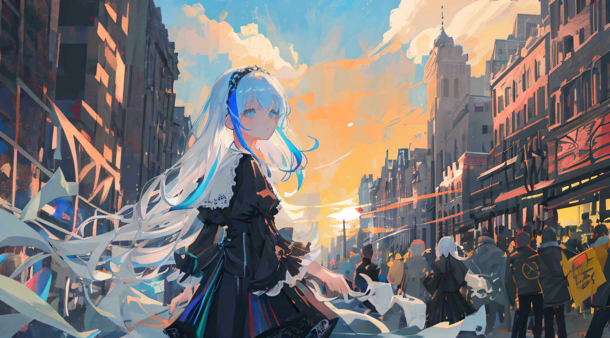 (1 girl), Gothic, Double Tail, White Hair, Organza Lace, Gorgeous and Picky Clothes, Gothic, Flying, Blue, (Colorful) Bold brush strokes, gradient blending, motion blur, sparkling textures, dynamic composition, atmospheric perspective, impressionism, (masterpiece), (best quality), amazing, (beautiful detail eyes), (fine details), depth of field, extremely detailed CG, original, extremely detailed wallpaper, (bright colors), cinematic lighting, (colorful), blush, 8k
