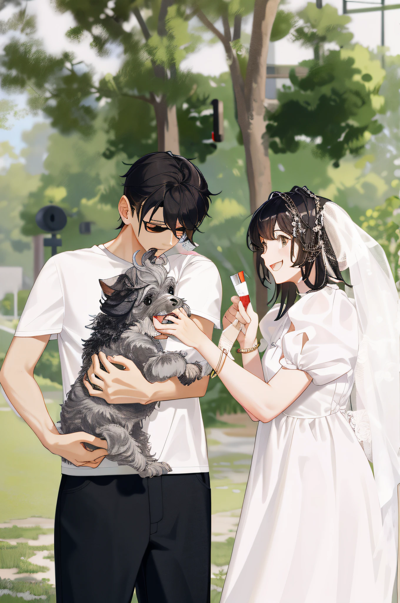 Masterpiece, Superb for 2, Couple, 1man with 1woman, Height difference, Happy, Love, Smile, Casual wear, Oversized, Different fashions, Modern City Street, Hand in Hand, Schnauzer