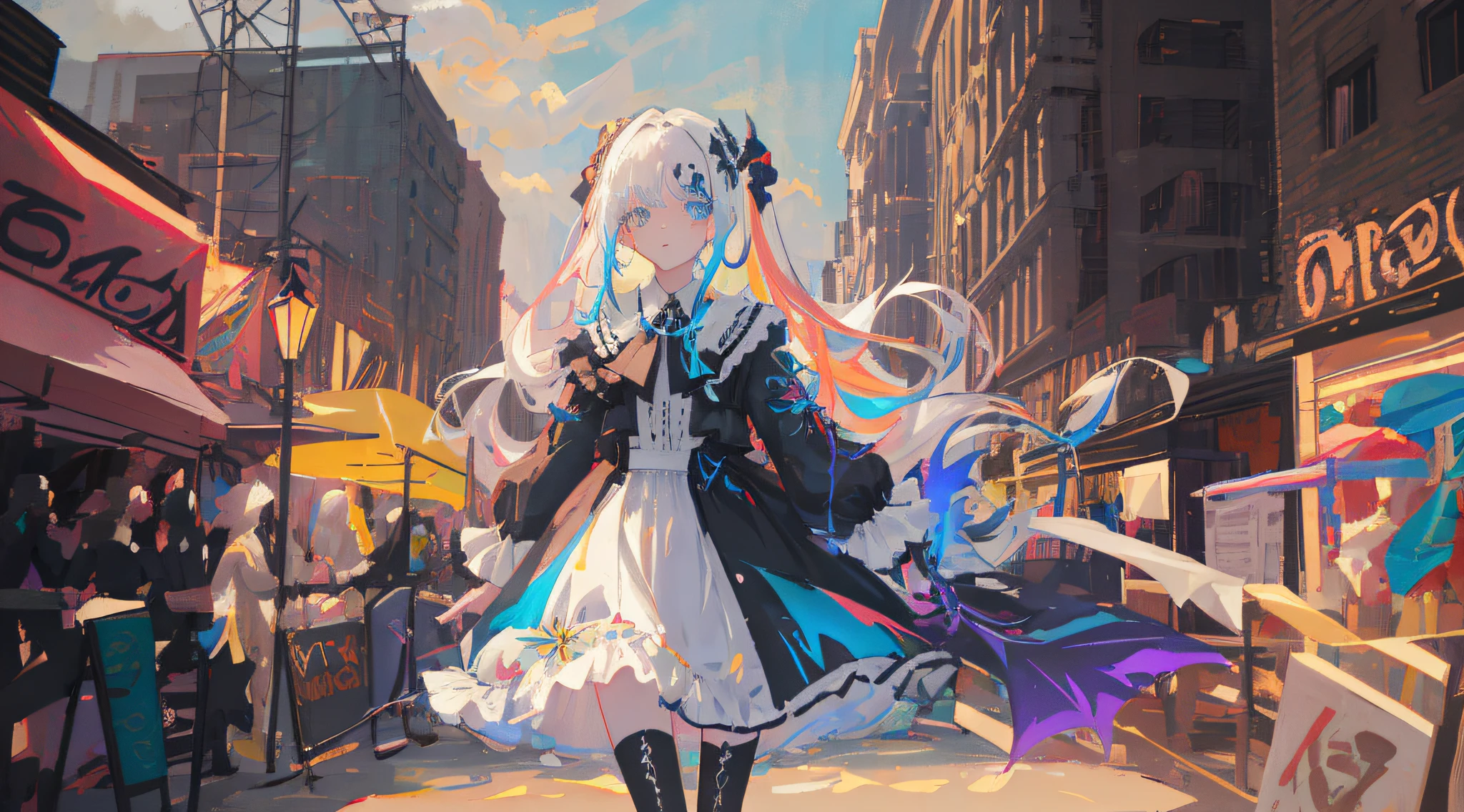 (1 girl), Gothic, Double Tail, White Hair, Organza Lace, Gorgeous and Picky Clothes, Gothic, Flying, Blue, (Colorful) Bold brush strokes, gradient blending, motion blur, sparkling textures, dynamic composition, atmospheric perspective, impressionism, (masterpiece), (best quality), amazing, (beautiful detail eyes), (fine details), depth of field, extremely detailed CG, original, extremely detailed wallpaper, (bright colors), cinematic lighting, (colorful), blush, 8k