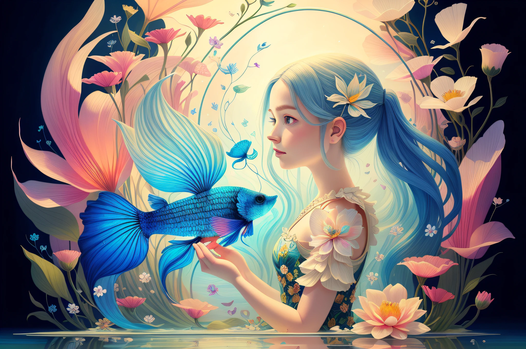 (Illustration:1.3) beautiful betta fish swimming with flowers (by Artist Anna Dittman:1), (((masterpiece))), (((best quality))), ((ultra-detailed)),(detailed light),((an extremely delicate and beautiful)),