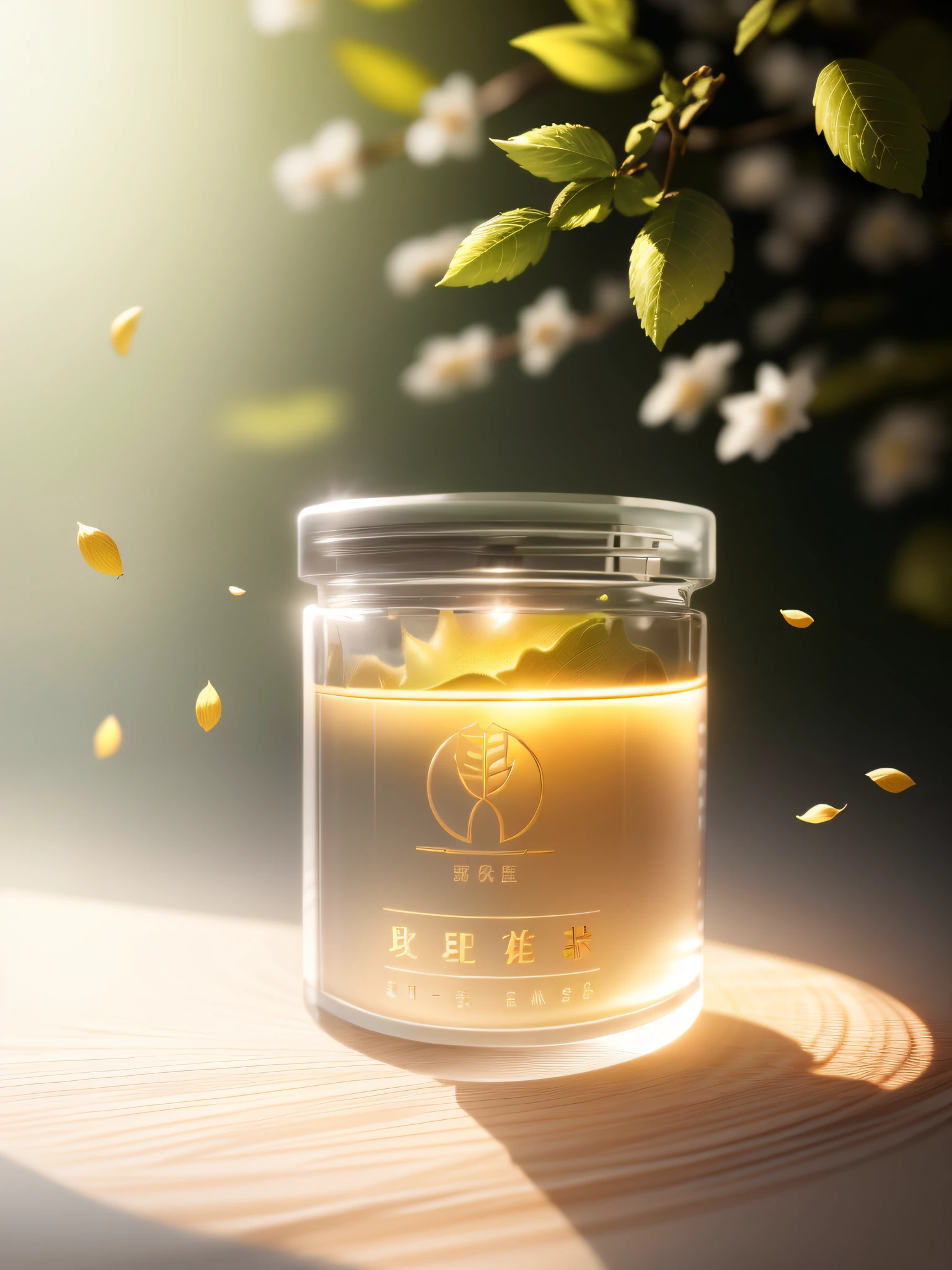 Masterpiece, best quality, (very detailed CG unified 8k wallpaper) (best quality), (best illustration), (best shadow) Nature Valley Delicate leaves Petals of various colors falling in the air Ray tracing, ultra-detailed, label white, background solid color, light from the front, projection transmitted, perfume bottle is made of glass --v6