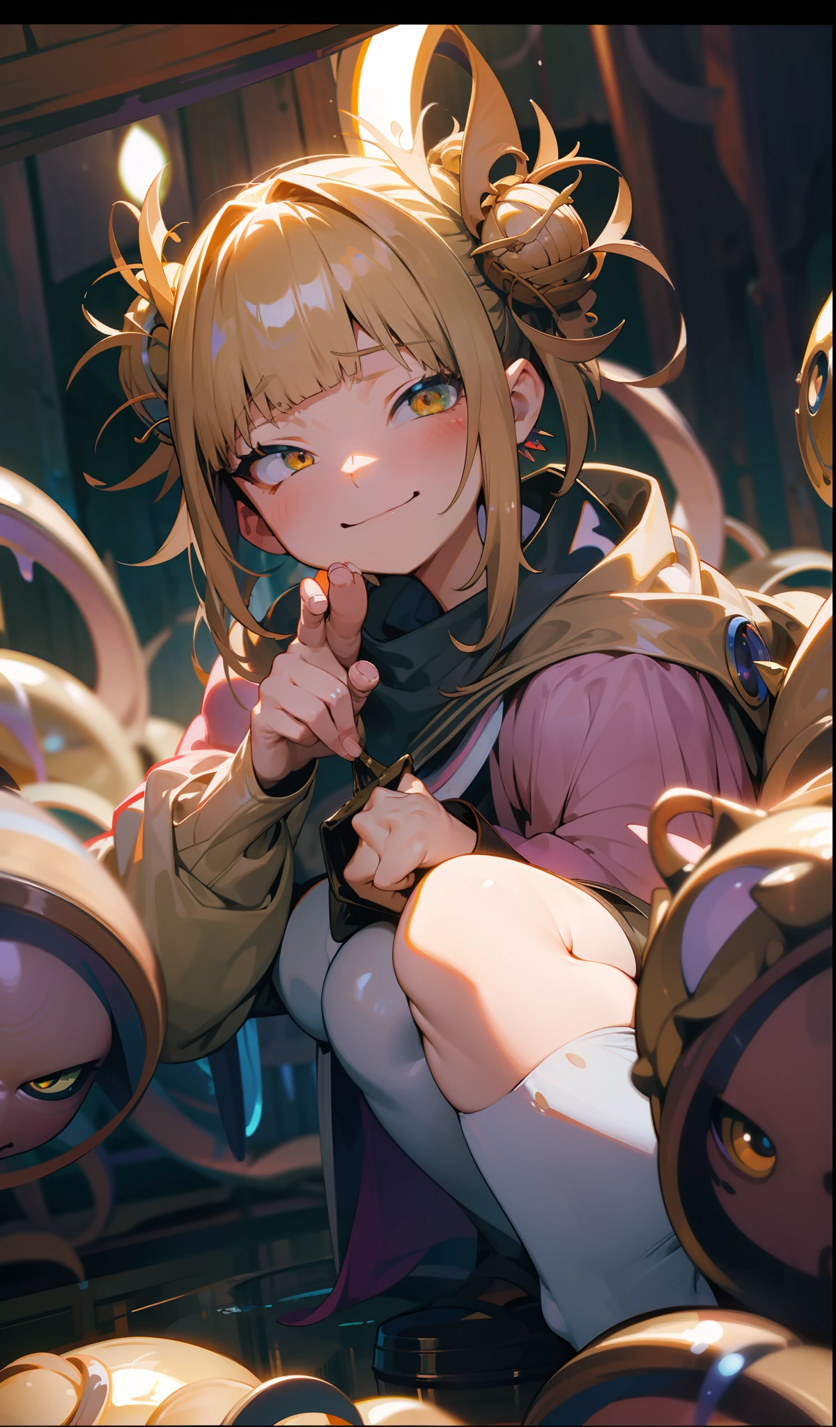 Masterpiece, high resolution, anime style beautiful girl, being in a dirty beaker, immersed in liquid, homunculus, magic circle, small room with phosphorescent flash, perfect beautiful girl, no clothes, luminous from within, staring at the viewer, laughter, blush, 3d rendering, perspective, amazing anime illustrations, impressive lighting, fantastic, dangerous, monstrous, countless tentacles entangled, milking,