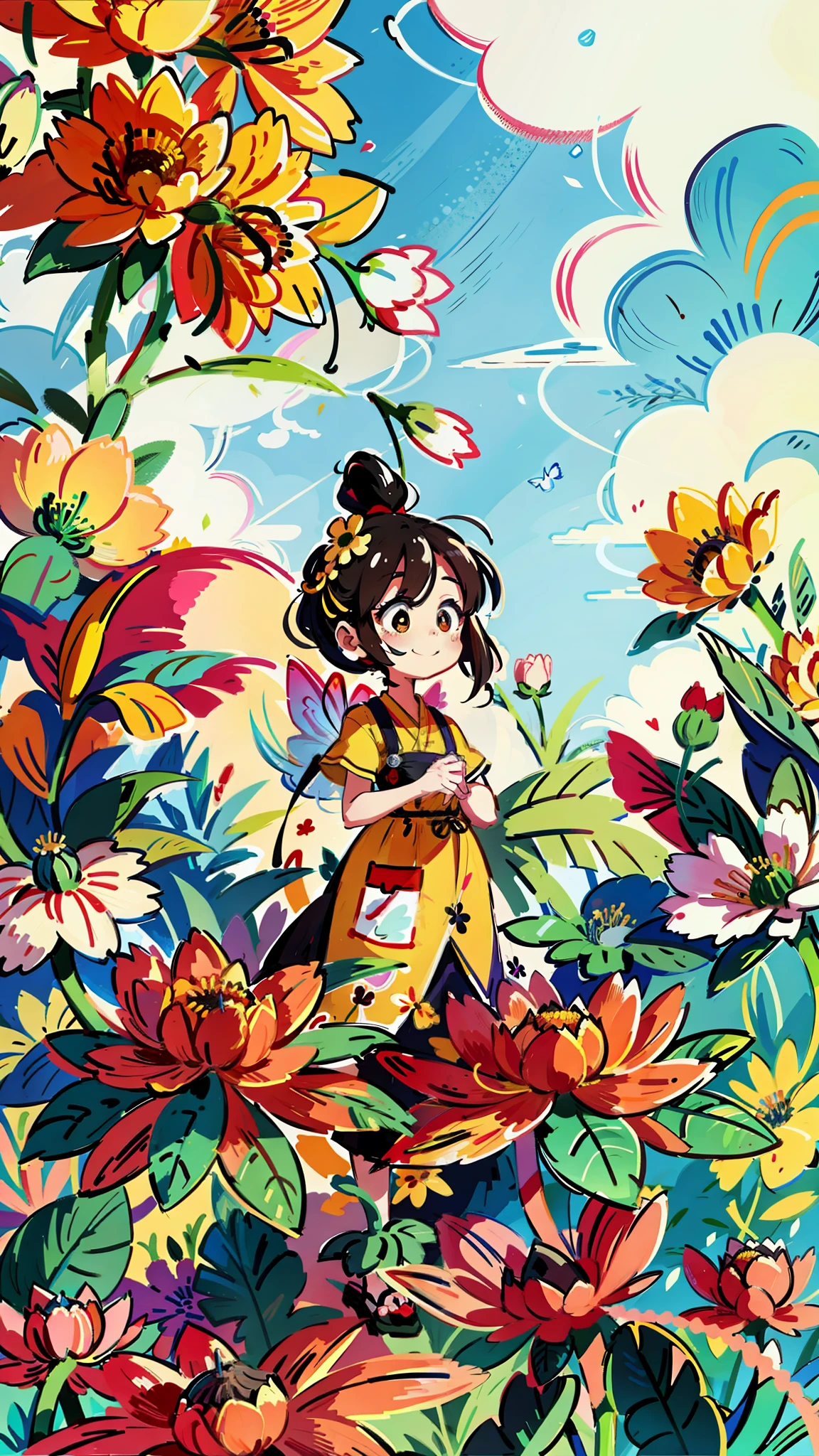 close-up of a cartoon girl, cute girl, girl is very happy, smiling, kawaii, big eyes, spring scene, spring, flowers, meadow, warm sun, delicate face, fairy tale style, beautiful sky, wearing a beautiful dress, super high detail, super high resolution, award-winning work, masterpiece, lo-fi illustration style, flat illustration, cute illustration, yellow pink red flowers around, digital illustration style, fantastic, beautiful artwork illustration, high quality detail art, beautiful scene,, Beautiful artwork illustration, hand drawn cartoon art style, painting illustration, simple and clean illustration, inspired by Ma Yuanyu, Yang J, inspired by Cui Bai, inspired by Puhua