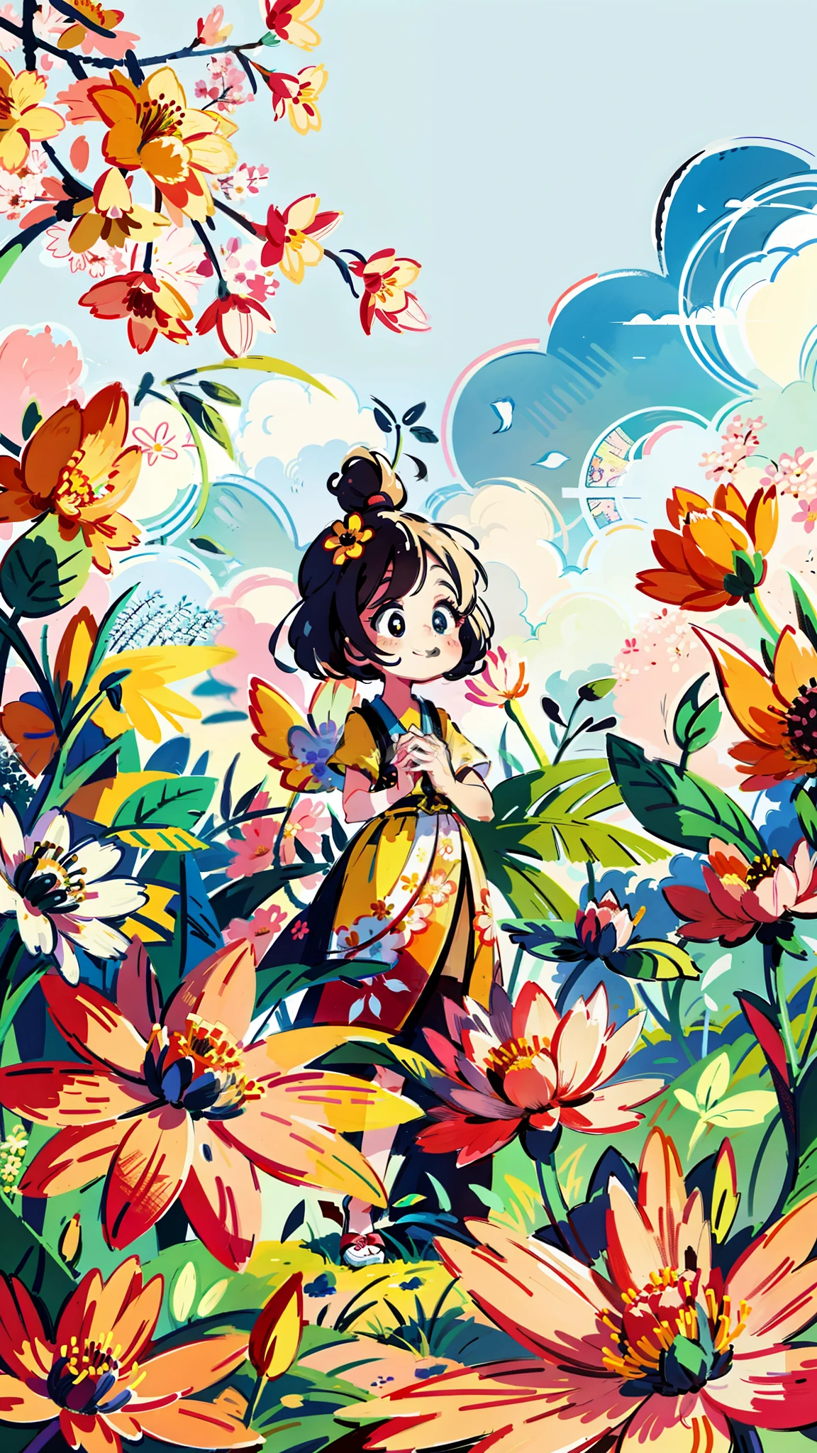 close-up of a cartoon girl, cute girl, girl is very happy, smiling, kawaii, big eyes, spring scene, spring, flowers, meadow, warm sun, delicate face, fairy tale style, beautiful sky, wearing a beautiful dress, super high detail, super high resolution, award-winning work, masterpiece, lo-fi illustration style, flat illustration, cute illustration, yellow pink red flowers around, digital illustration style, fantastic, beautiful artwork illustration, high quality detail art, beautiful scene,, Beautiful artwork illustration, hand drawn cartoon art style, painting illustration, simple and clean illustration, inspired by Ma Yuanyu, Yang J, inspired by Cui Bai, inspired by Puhua