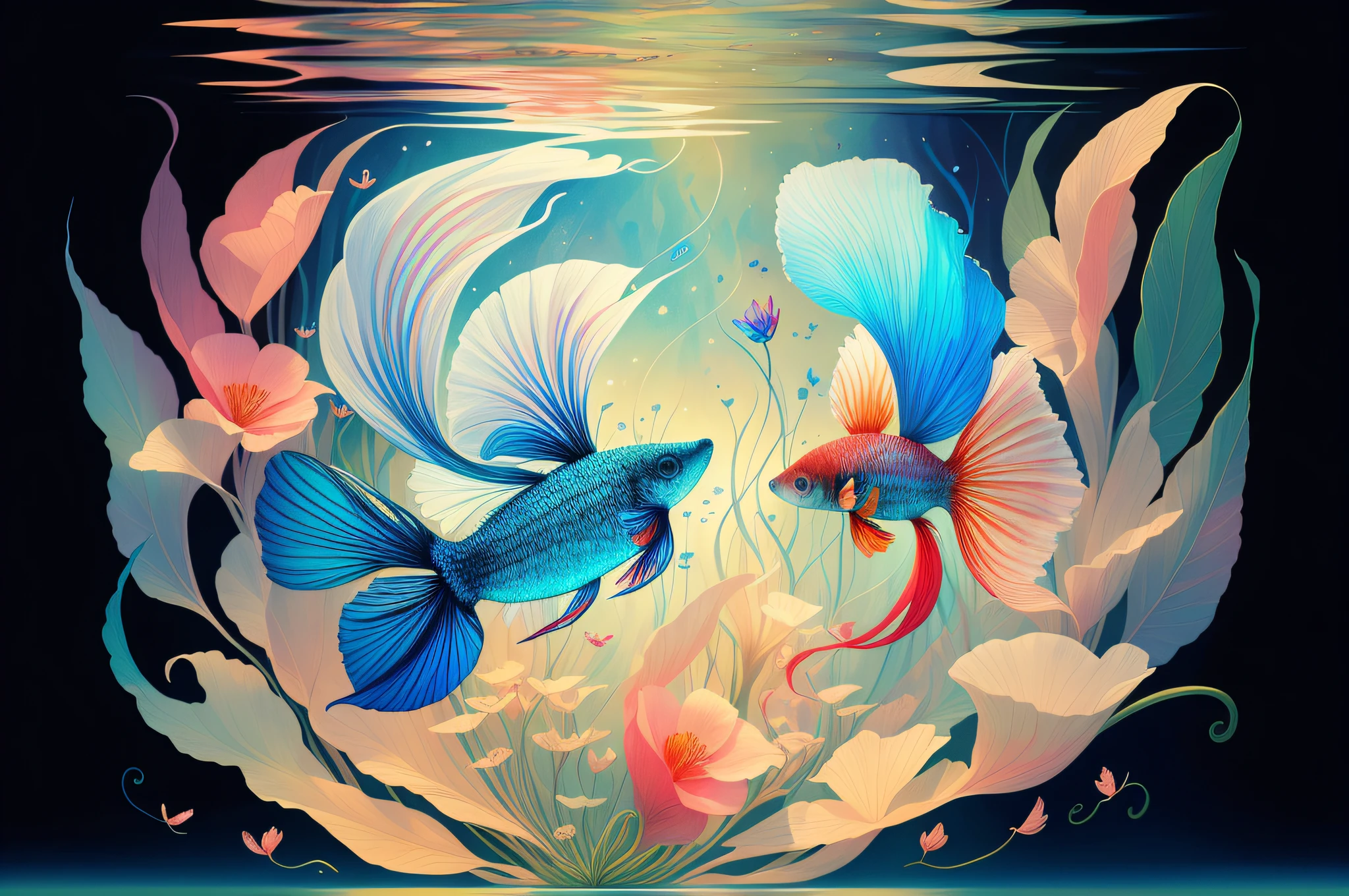 (Illustration:1.3) beautiful betta fish swimming with flowers (by Artist Anna Dittman:1), (((masterpiece))), (((best quality))), ((ultra-detailed)),(detailed light),((an extremely delicate and beautiful)),