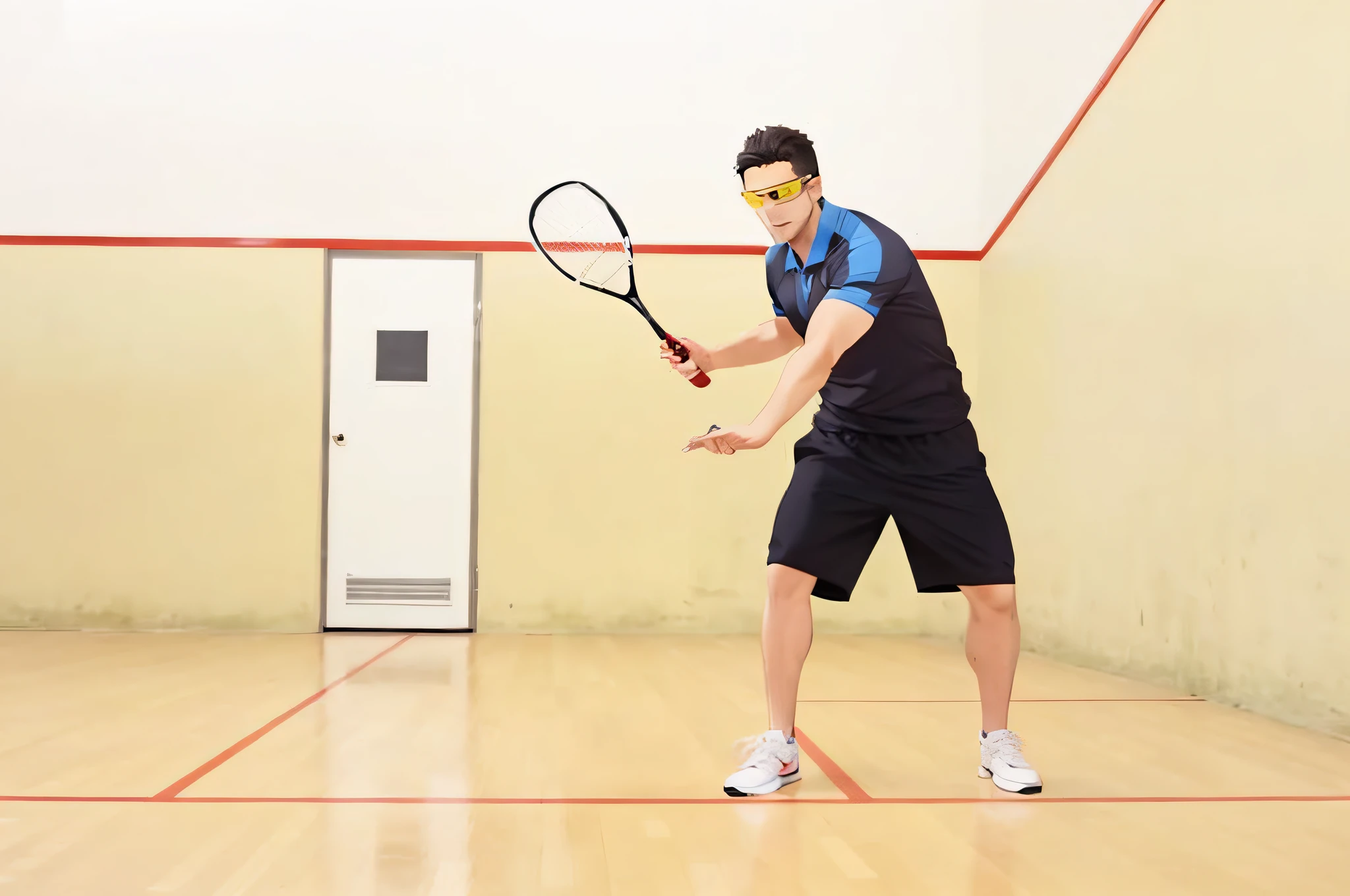 A male athlete, wearing safety glasses and holding a squash racket, is playing squash,