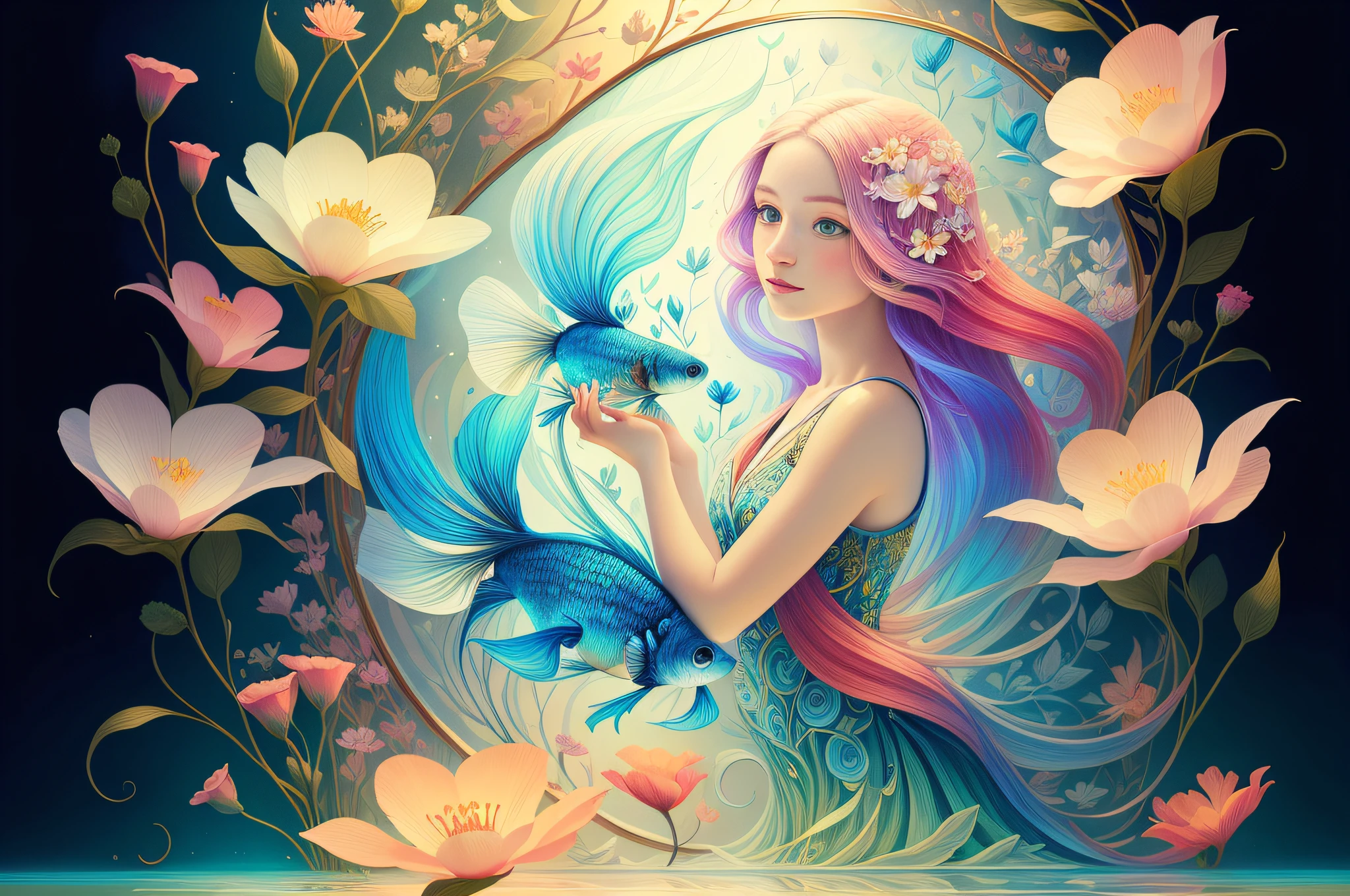 (Illustration:1.3) beautiful betta fish swimming with flowers (by Artist Anna Dittman:1), (((masterpiece))), (((best quality))), ((ultra-detailed)),(detailed light),((an extremely delicate and beautiful)),