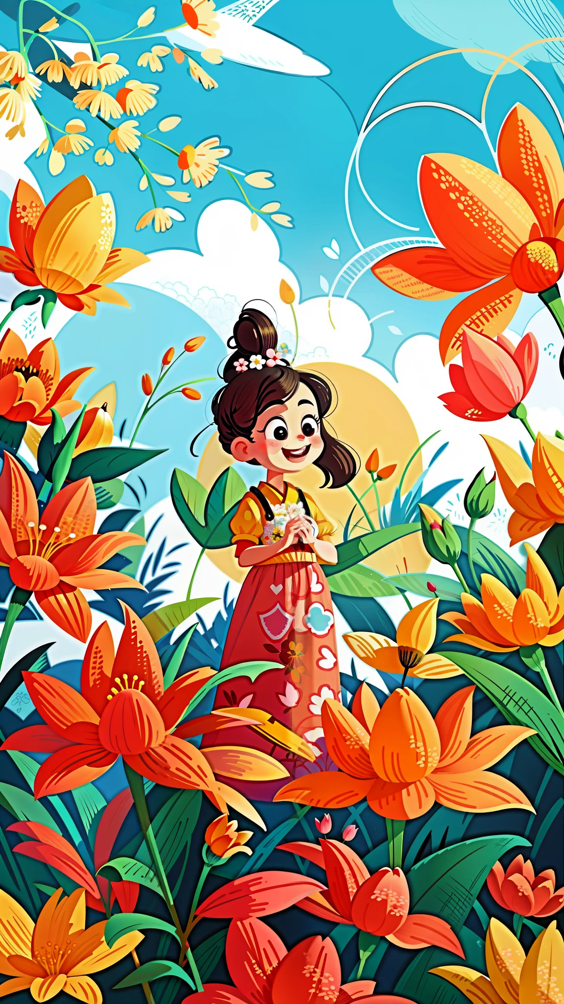 close-up of a cartoon girl, cute girl, girl is very happy, smiling, kawaii, big eyes, spring scene, spring, flowers, meadow, warm sun, delicate face, fairy tale style, beautiful sky, wearing a beautiful dress, super high detail, super high resolution, award-winning work, masterpiece, lo-fi illustration style, flat illustration, cute illustration, yellow pink red flowers around, digital illustration style, fantastic, beautiful artwork illustration, high quality detail art, beautiful scene,, Beautiful artwork illustration, hand drawn cartoon art style, painting illustration, simple and clean illustration, inspired by Ma Yuanyu, Yang J, inspired by Cui Bai, inspired by Puhua