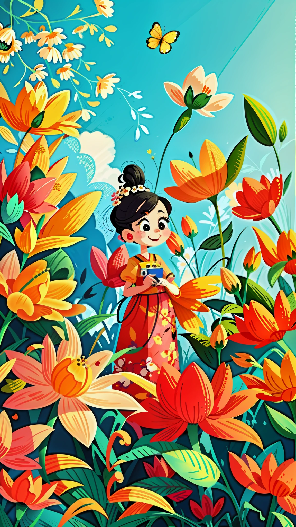 close-up of a cartoon girl, cute girl, girl is very happy, smiling, kawaii, big eyes, spring scene, spring, flowers, meadow, warm sun, delicate face, fairy tale style, beautiful sky, wearing a beautiful dress, super high detail, super high resolution, award-winning work, masterpiece, lo-fi illustration style, flat illustration, cute illustration, yellow pink red flowers around, digital illustration style, fantastic, beautiful artwork illustration, high quality detail art, beautiful scene,, Beautiful artwork illustration, hand drawn cartoon art style, painting illustration, simple and clean illustration, inspired by Ma Yuanyu, Yang J, inspired by Cui Bai, inspired by Puhua