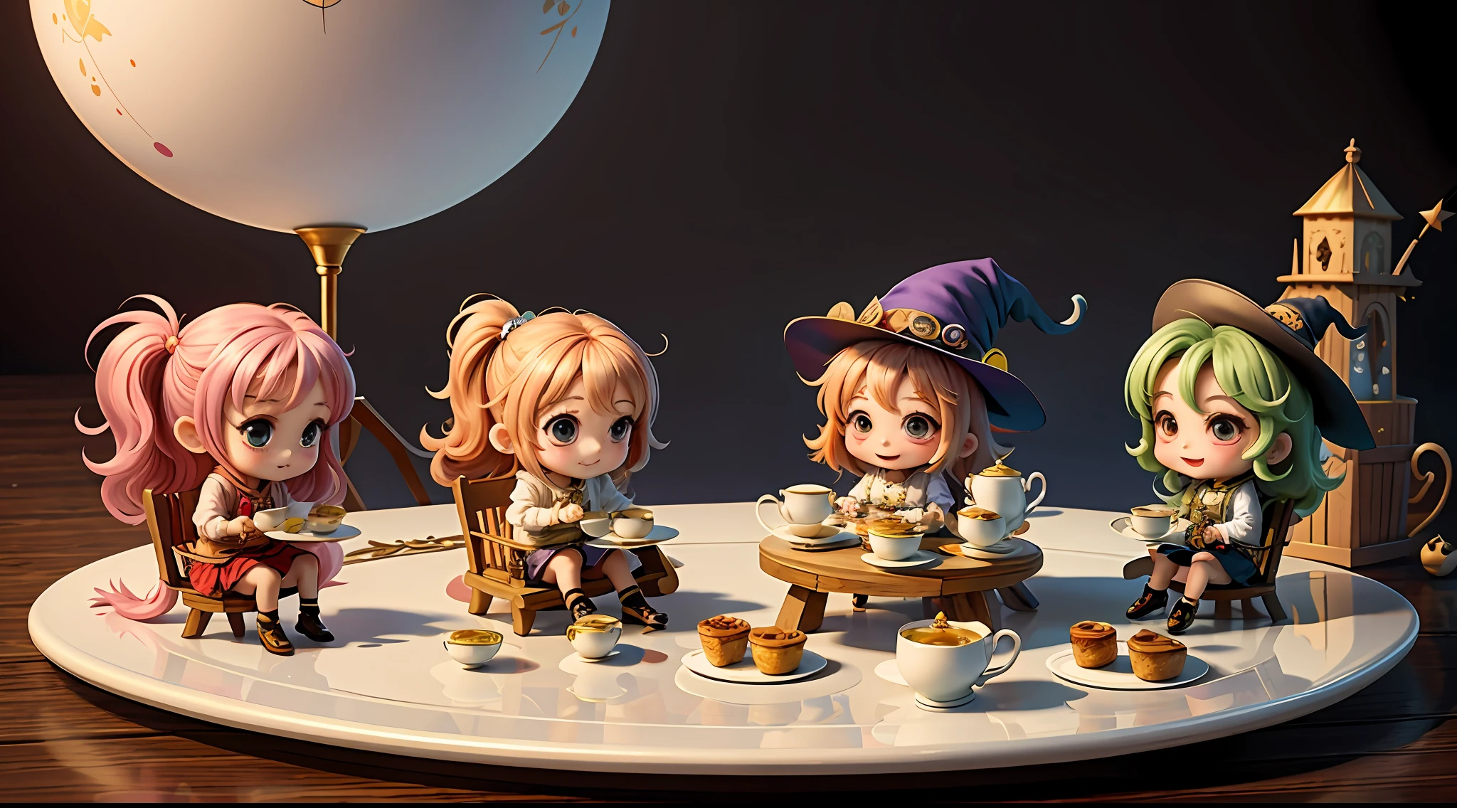 masterpiece, best quality, chibi, witch tea party, cute, happy, vibrant, colorful