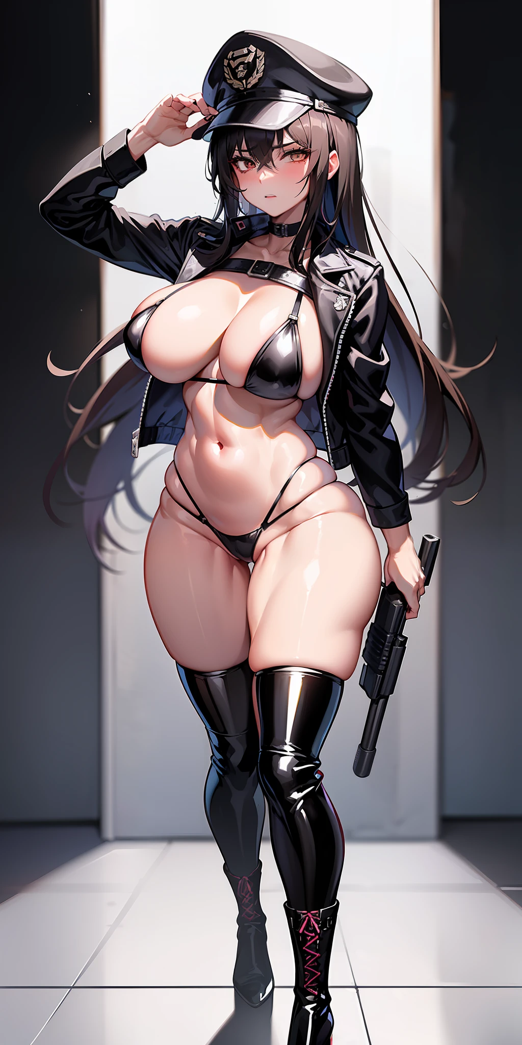 (Anime style), ((Mature Woman)), Female Policeman, Black Belt, Open Wear, Leather Jacket, Dark Brown Long Hair, Police Badge, Strap on Chest, Big Rifle, Gun, Dungeon Background, Thigh Height, Black Leather Boots, Provocative Pose, High Leg, High Leg Thong, Night, Naked Tits, Dressed Clothes, Boobs, Side Boobs, Cleavage, Police Uniform, Baseball Cap, headset, under, ((low leg laces)), (((skindentation)), panties pulled down, exposed, (shiny on), glossy all over the body, glossy all over the body, blurred background,