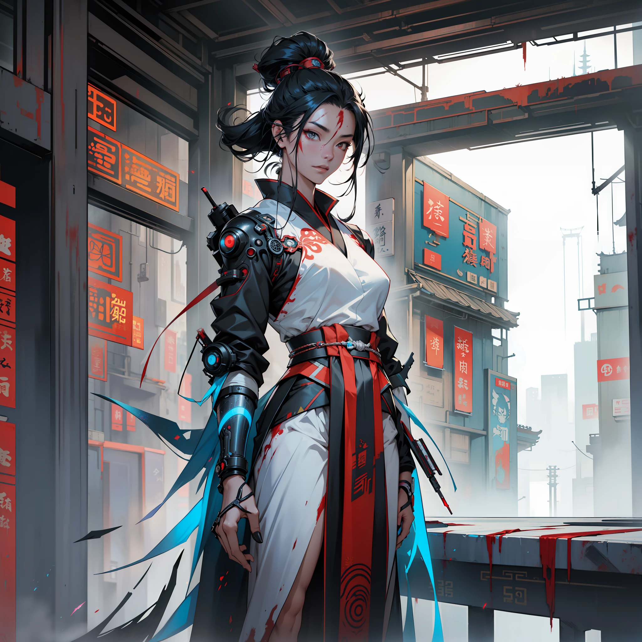 An ancient Chinese girl, full body, amazing facial features, blood stains, cyberpunk, holographic aura, surreal science fiction art, futuristic science fiction aesthetics, Hanfu, mechanical, complex design, game model, movie edge light, delicate light, masterpiece, super detail, epic composition, super HD, high quality, highest quality, 32k --niji 5