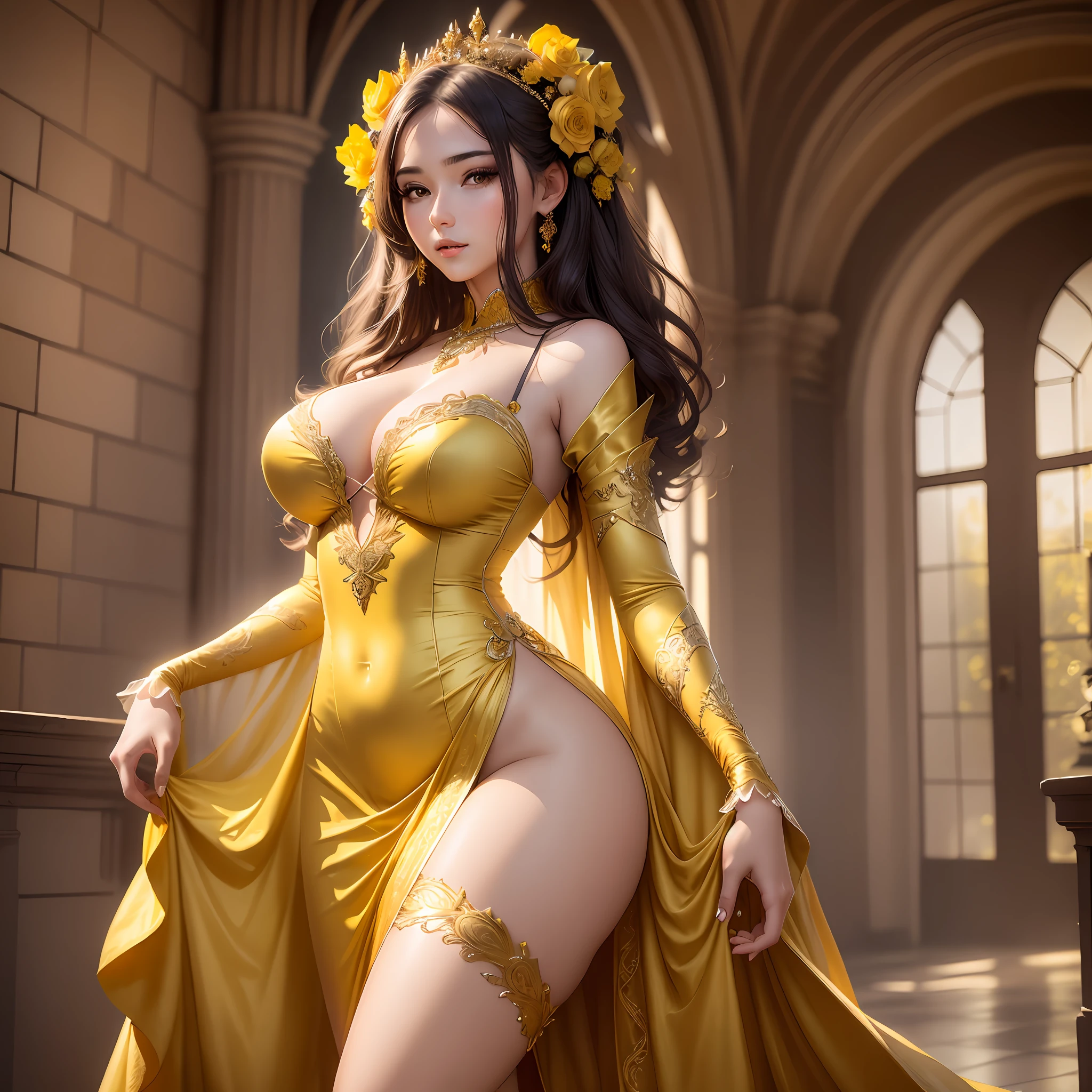 1 girl, standing, sexy seductive pose, (single, full body: 0.6, young, big breasts: 1.2), detailed face, wearing a dress, long and beautiful flowing costume, yellow cloth, yellow gorgeous dress, close-up of a woman,