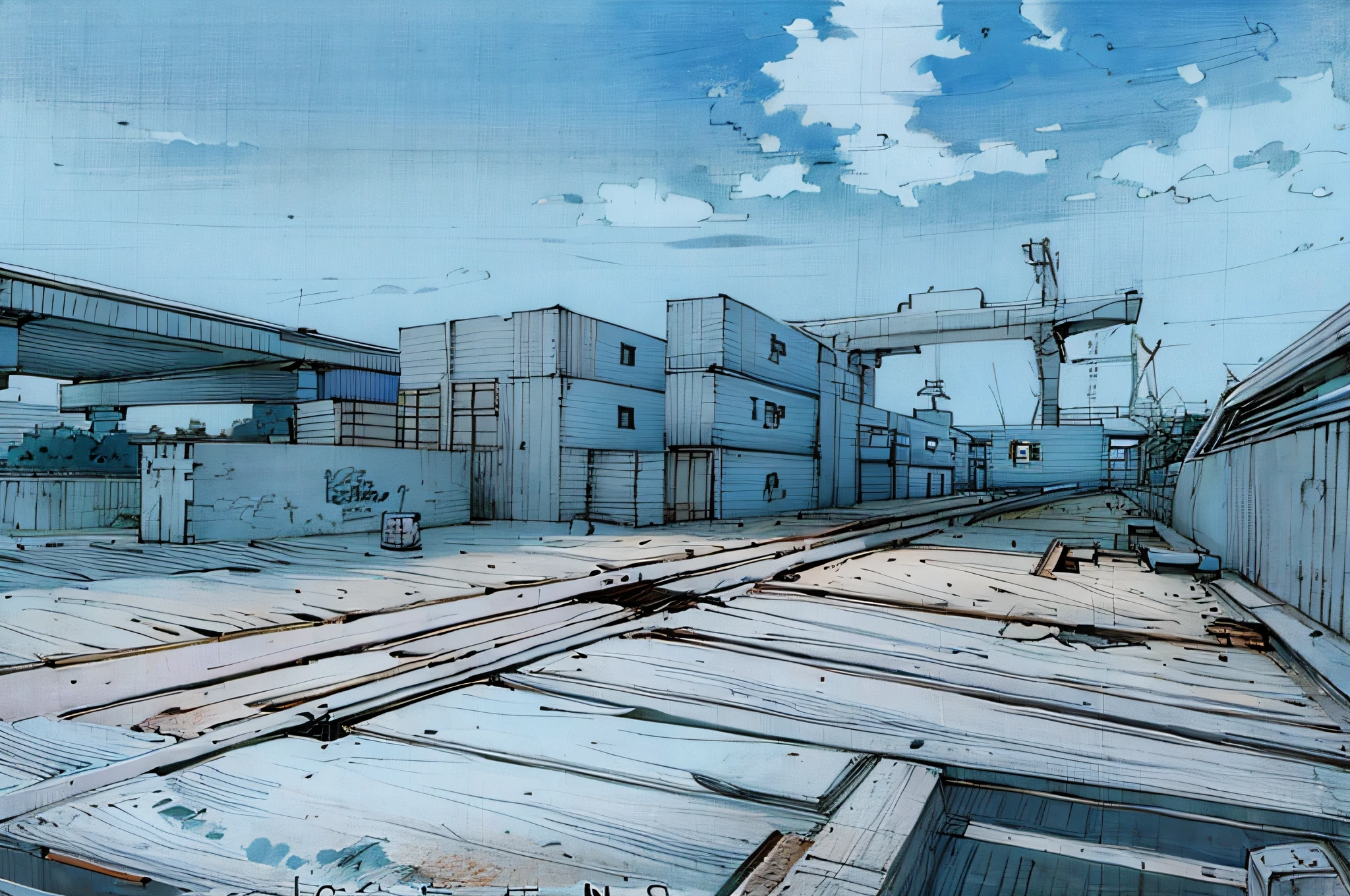frost, gray, white background, simple background, sketch, sketch, pen_sketch_style, there are many containers on the railway tracks next to the bridge, yard, crane in the background, shipping containers, trade warehouses, photo taken in 2 0 2 0, shipyard, boxes and parts on the ground, high quality loading, attractive, medium full plan, construction shipyard