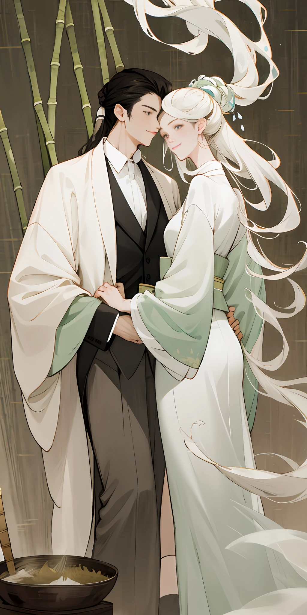 (A couple, beautiful girl and boy), big watery eyes, looking at each other, smiling and wearing white clothes, delicate shoes, delicate hair, an ancient Chinese beauty and Handsome guy, wearing ancient Chinese clothing, flowing tulle, light silk, (bamboo, bamboo leaves, stone), ink painting style, clean color, decisive cutting, blank, freehand, masterpiece, super detailed, epic composition, high quality, the highest quality, 4k
