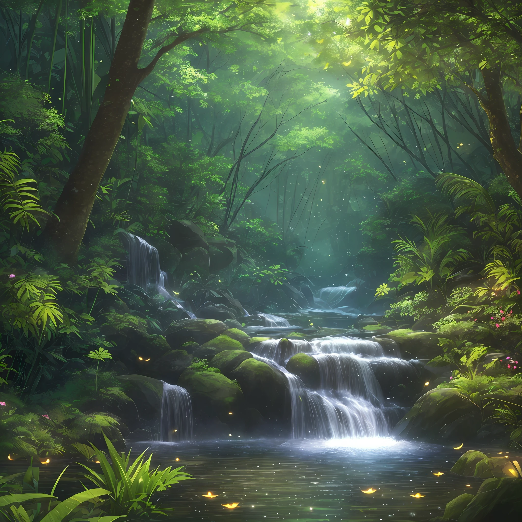 Masterpiece, best quality, (very detailed CG unity 8k wallpaper), (best quality), (best illustration), (best shadows), glow sprite, with a glowing deer, in the swimming pool Drinking water, natural elements in the forest theme. Mysterious forest, beautiful forest, nature, surrounded by flowers, delicate leaves and branches surrounded by fireflies (natural elements), (jungle theme), (leaves), (twigs), (fireflies), (particle effects) etc. 3D , Octane rendering, ray tracing, super detailed --auto --s2