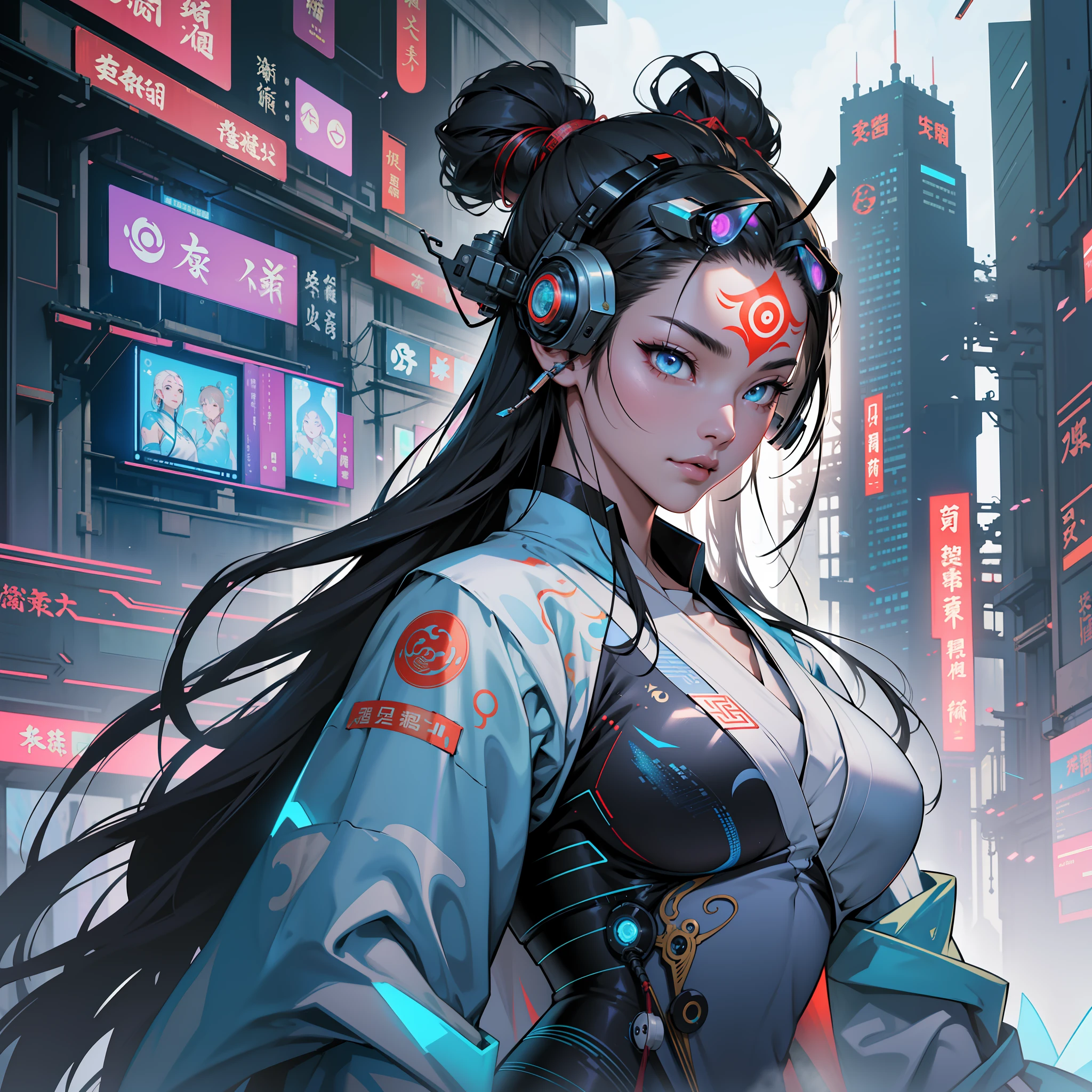 An ancient Chinese girl, full body, amazing facial features, Prajna mask, cyberpunk, holographic aura, surreal science fiction art, futuristic science fiction aesthetics, Hanfu, mechanical, complex design, game model, movie edge light, delicate light, masterpiece, super detailed, epic composition, super HD, high quality, highest quality, 32k --niji 5