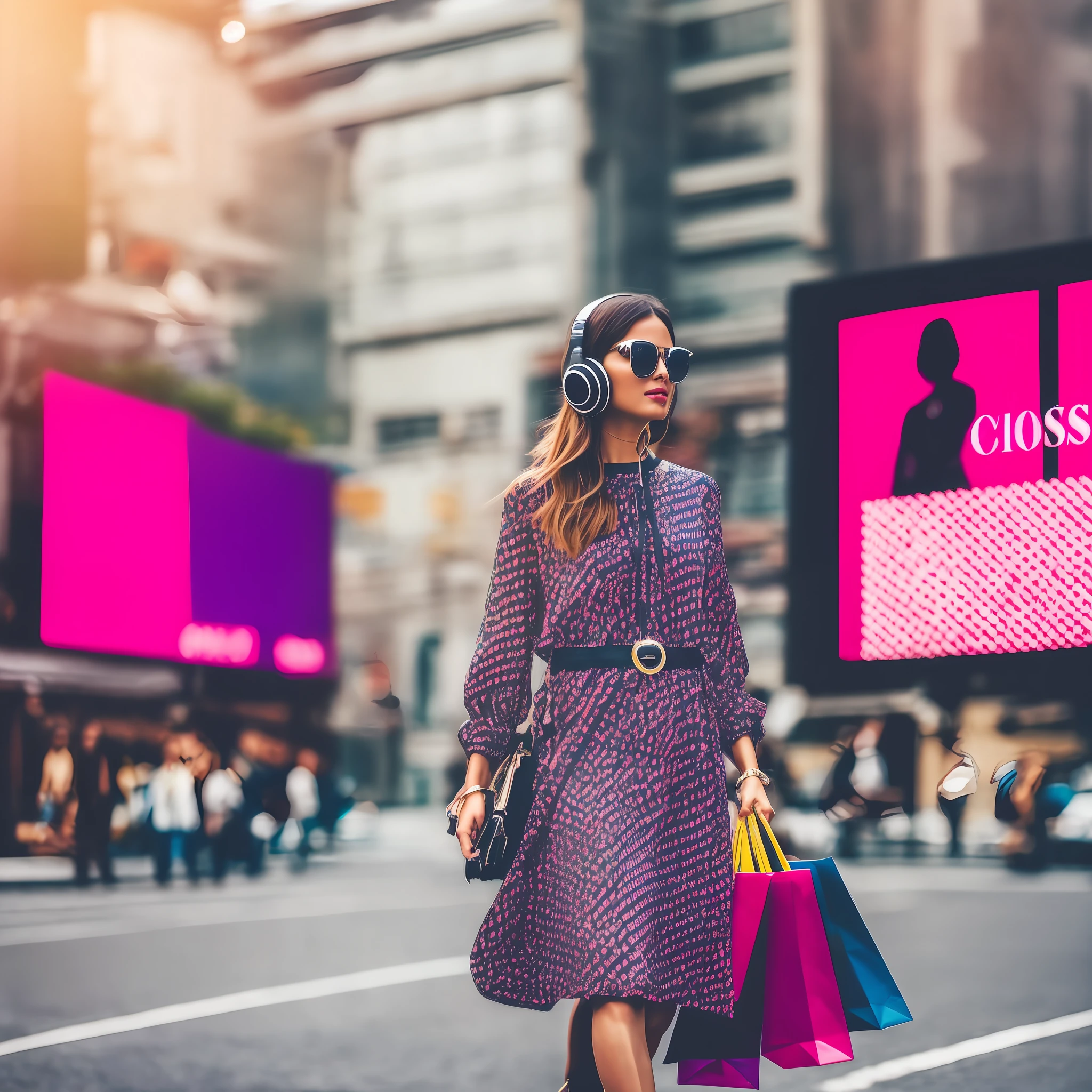 A fashionable woman with headphones and sunglasses leads a shopping bag to the city street, followed by a fashion advertising board. In front is a virtual data screen entering what women say --auto --s2