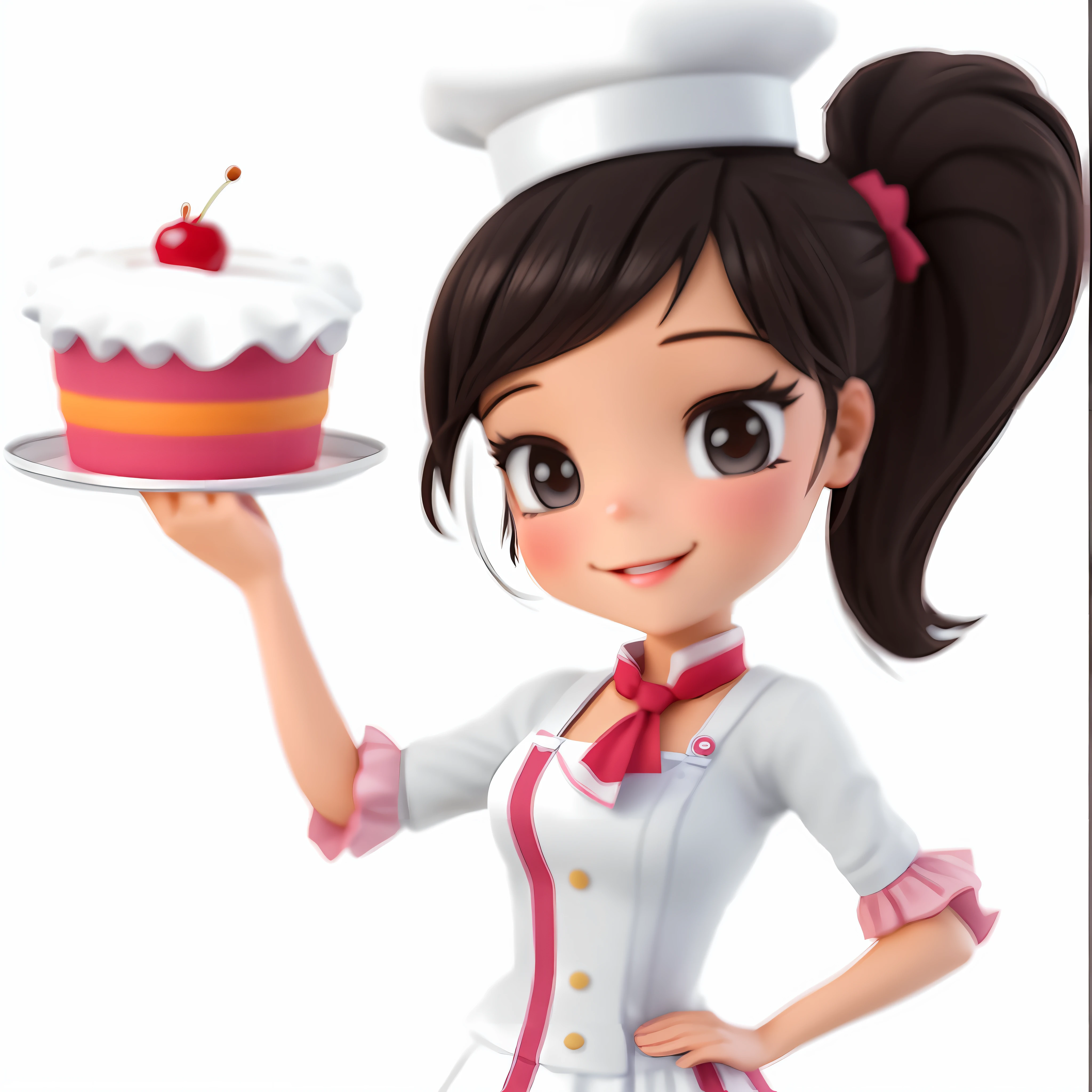 cartoon girl holding a cake with a cherry on top, dressed as a pastry chef, kawaii hq render, sakimi chan, fantasy bakery, ( waitress ) girl, baking artwork, chibi, sakimichan, render of a cute 3d anime girl, baking a cake, avatar image, , kawaii, official art, koju morimoto, render of april