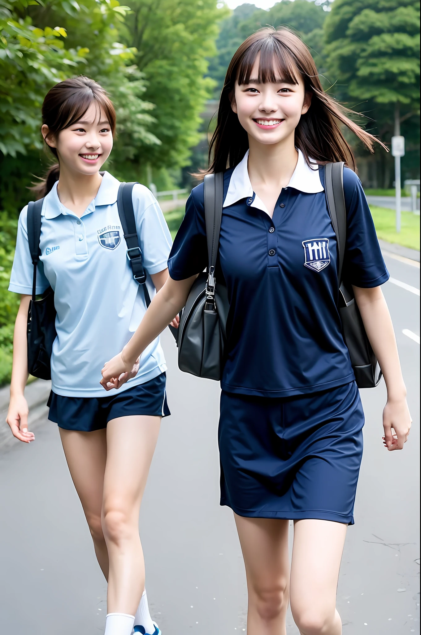 Girl Very high cut dark blue school swimsuit smile teen bangs, boy gym clothes, holding hands with student bag walking down the road