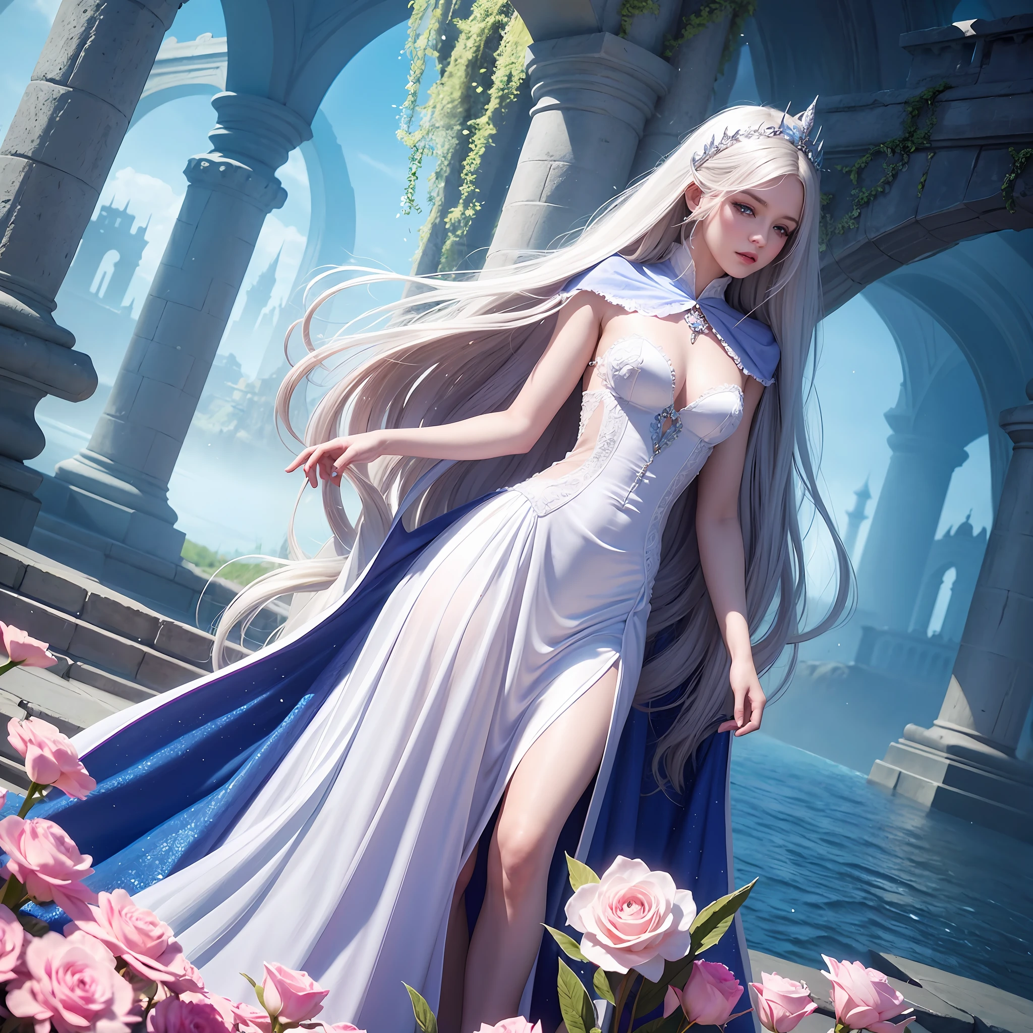 there is a woman in a white dress standing in front of a castle, like Alice in wonderland, beautiful face, detailed face, detailed fingers, fantasy fairytale story, beautiful render of a fairytale, beautiful fantasy maiden, fairytale artwork, beautiful fantasy art, romantic storybook fantasy, very beautiful fantasy art, realistic fantasy illustration, fantasy matte painting,cute, fantasy art behance, breathtaking fantasy art, fantasy beautiful, fantasy digital art, fantasy style art