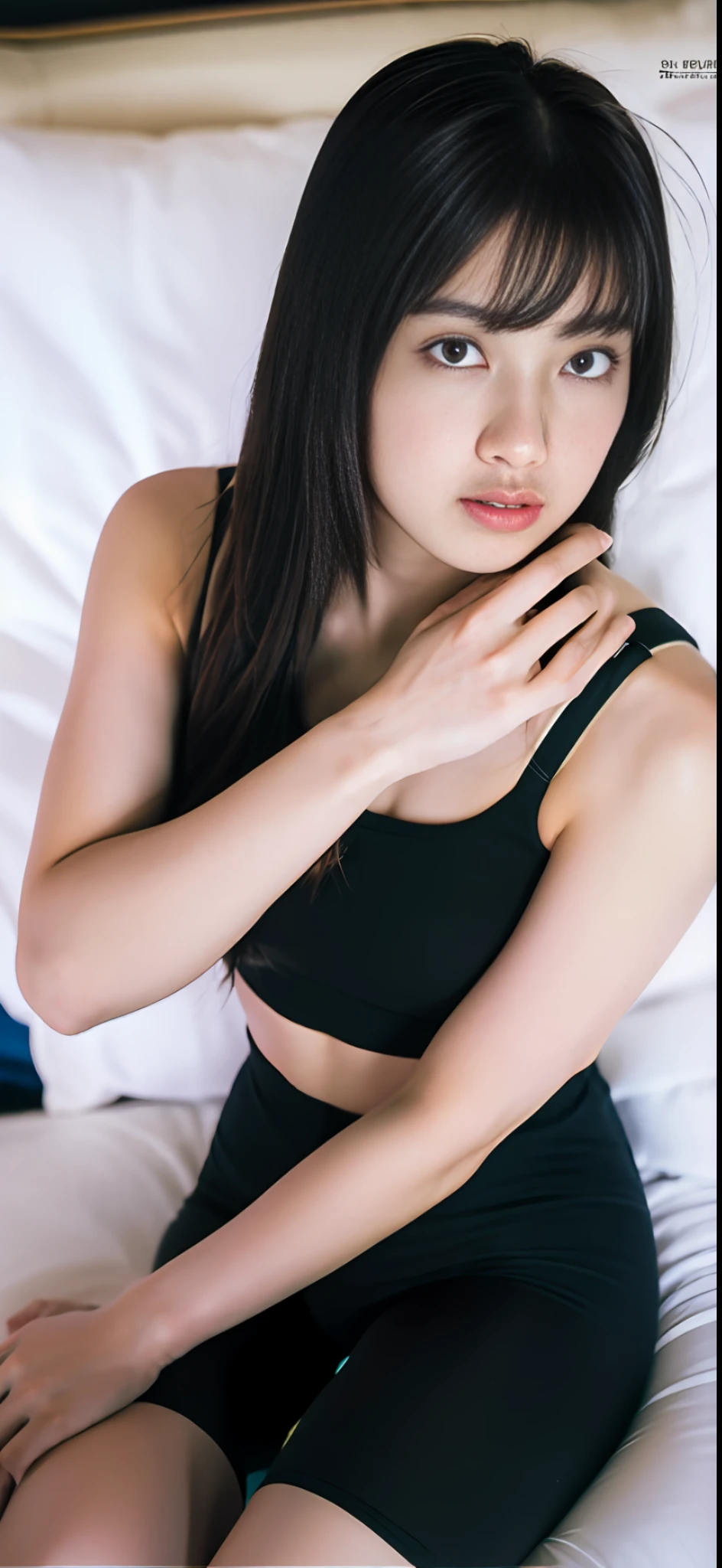 masterpiece, masterpiece, best quality, best quality, real, unity, 8k wallpaper, official art, highly detailed cg unity 8k wallpaper, ulzzang-6500, one girl, cute, professional lighting, ((long black spandex shorts: 1.37)), long hair, disheveled hair, (original: 1.2), (real: 1.4), ultra detailed, high resolution, ultra detailed, fantastic, Fine details, cinematic lighting, simple costumes, detailed clothing texture, bed, sleeping face down, projected from above. (8k, RAW photo, highest quality, masterpiece: 1.27), (realistic, photorealistic: 1.37), physically based rendering, handsome, masterpiece, highest quality, high resolution,