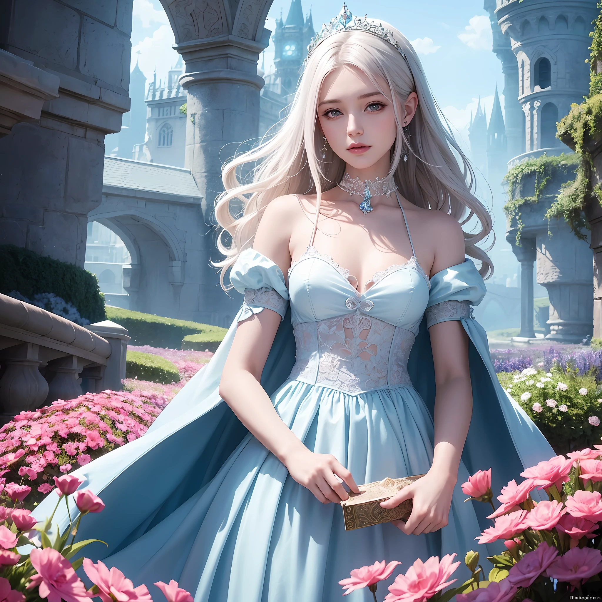 there is a woman in a white dress standing in front of a castle, like Alice in wonderland, beautiful face, detailed face, detailed fingers, fantasy fairytale story, beautiful render of a fairytale, beautiful fantasy maiden, fairytale artwork, beautiful fantasy art, romantic storybook fantasy, very beautiful fantasy art, realistic fantasy illustration, fantasy matte painting，cute, fantasy art behance, breathtaking fantasy art, fantasy beautiful, fantasy digital art, fantasy style art
