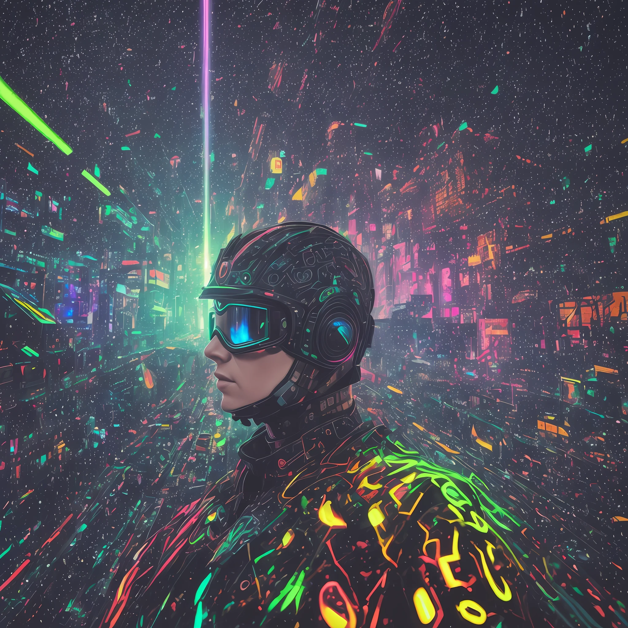 An award-winning masterpiece photo of a psychedelic cyborg standing on a city street at night in the rain, wearing neon glowing goggles, 8k, (high quality: 1.1), (cinematic: 1.1), dark and deep Shadows, Incredibly Intricate Detail, Artistic, (Close: 1.1), Viewed from Above, Looking at Viewer, (Flash: 1.1), (Chromatic Aberration,: 1.2) Floating Light Artifacts in Background --auto --s2