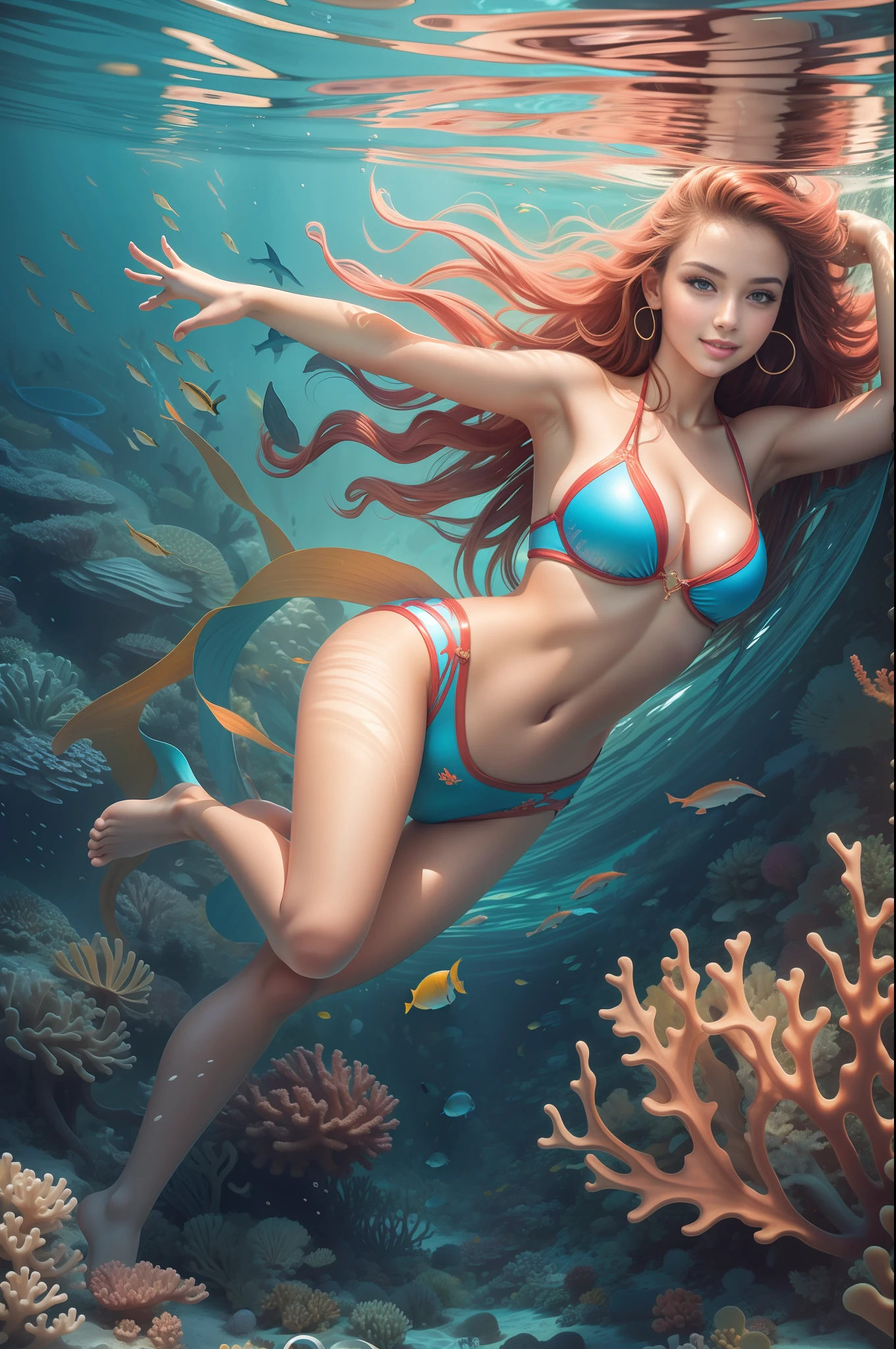 Full body photo, 1 sexy beautiful woman, diving in the sea, beautiful swimming style, colorful coral reef, tropical fish, Maldives, gorgeous hazel eyes, complex, soft lips, smile, naughty, seductive appearance, ultra HD, ultra-fine eyes, sexy long legs