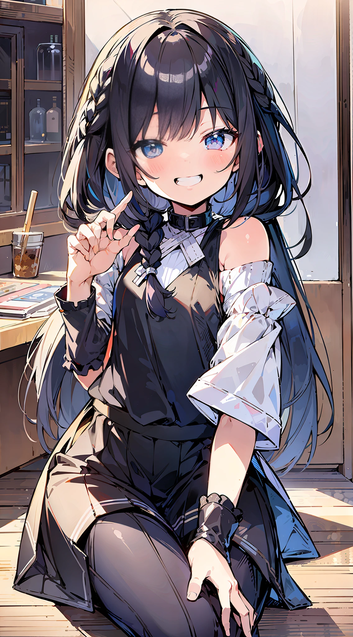 anime girl sitting on the floor with her hand up, anime moe artstyle, with index finger, kantai collection style, anime visual of a cute girl, anime girl with long hair, cute anime waifu in a nice dress, small curvy loli, marin kitagawa fanart, cute anime girl, young anime girl, from arknights, loli in dress, official art