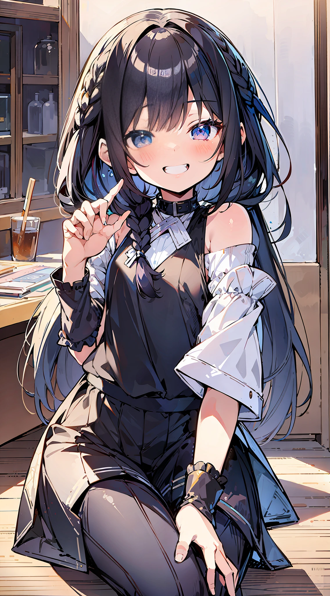 anime girl sitting on the floor with her hand up, anime moe artstyle, with index finger, kantai collection style, anime visual of a cute girl, anime girl with long hair, cute anime waifu in a nice dress, small curvy loli, marin kitagawa fanart, cute anime girl, young anime girl, from arknights, loli in dress, official art