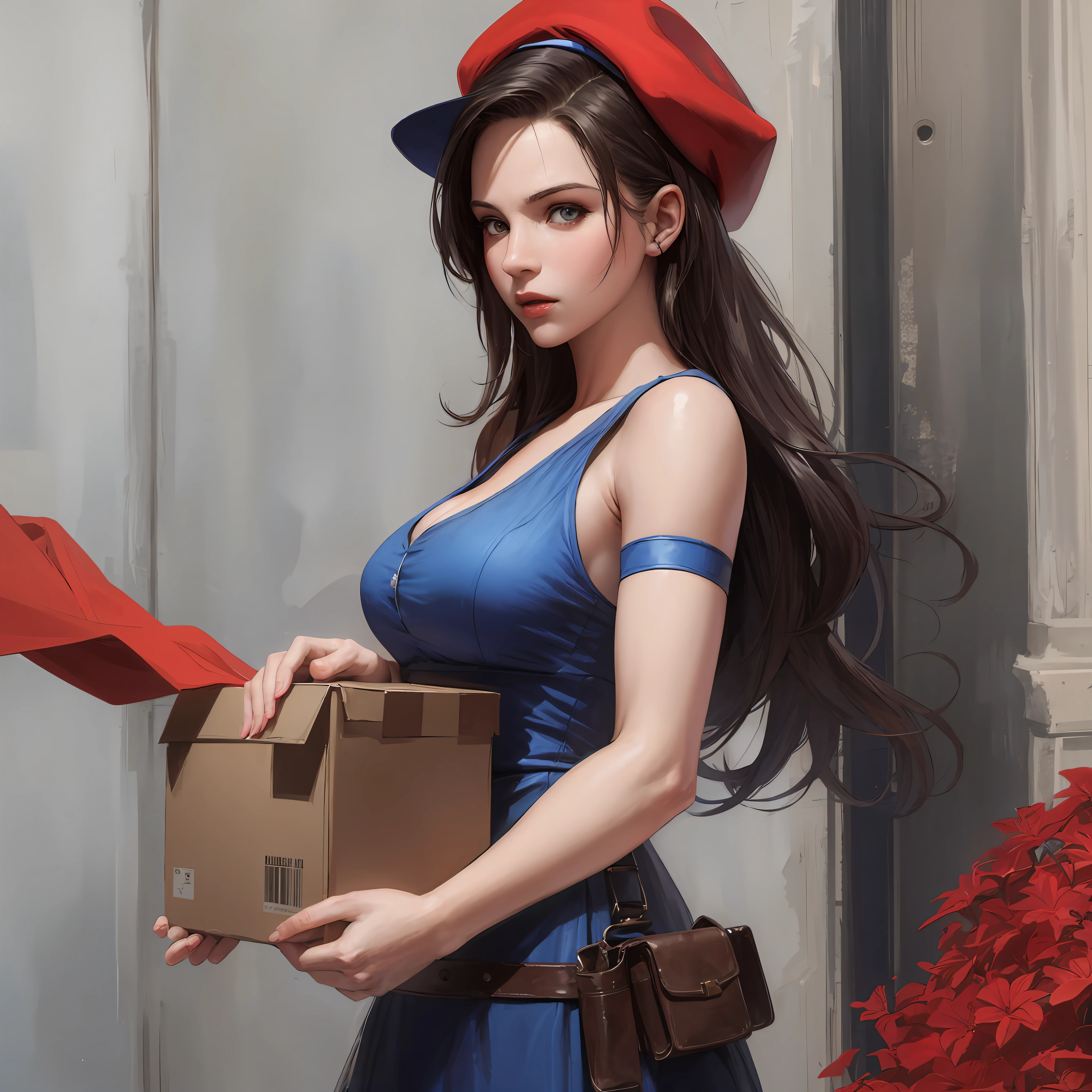 Realistic European and American girl wearing a red hat and blue dress holding a box, heroine 👀: 8, Lara of Tomb Raider, a European and American character in realistic style --auto --s2