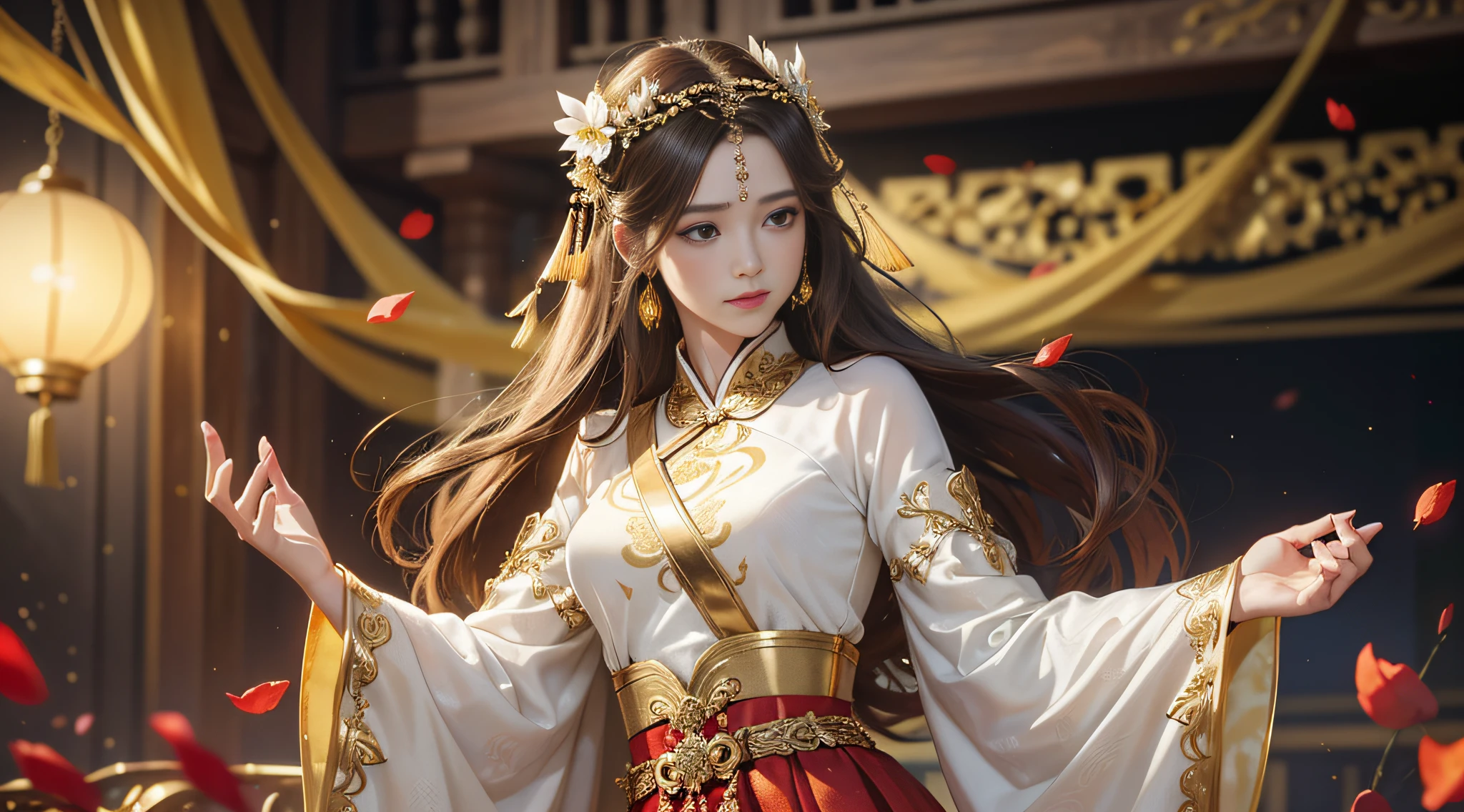 best quality, masterpiece, highres, (exquisite body:1.5),gorgeous face,(milky skin:1.3),intricate details,high resolution,wallpaper,
1girl, solo, dress, hair ornament, (((gold and red dress))), flowers, long hair, brown hair, closed mouth, jewelry, long sleeves, hand up, wide sleeves, big eyes,floating hair, chinese clothes, hanfu, embroidery, long skirt, natural pose, falling petals, indoor,fanning, lantern,
16K,HDR,highres,depth field,(film grain:1.1),boken,golden hour,(lens flare),vignette,rainbowing,(color grading:1.5)
